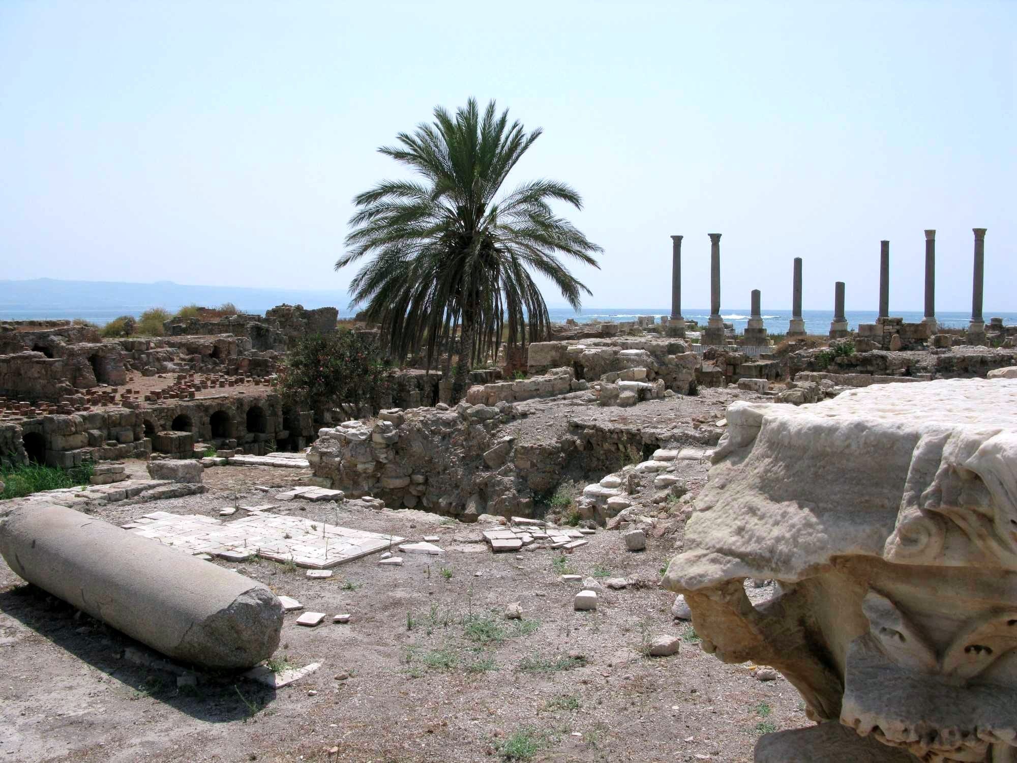 Main colonnaded street at Al Mina excavation site. Dating to the 3rd millennium BC, a street paved with Roman and Byzantine mosaics with rows of large columns. Tyre, Sur, Lebanon.