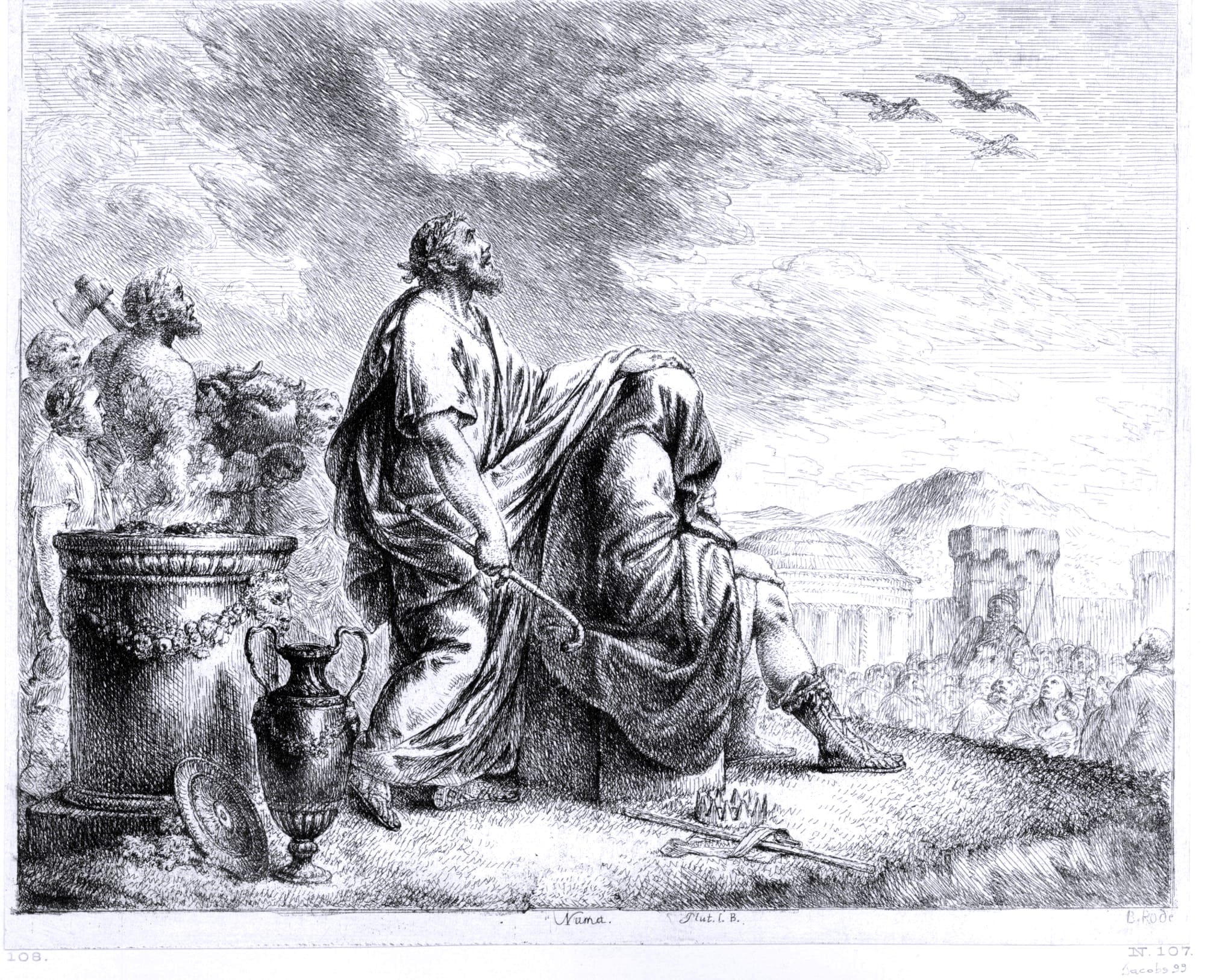 An augur stands behind the covered body of Numa Pompilius at an auspicium ceremony to look at the sign from the birds on whether Numa was fit to be the future king of Rome. Engraving.
