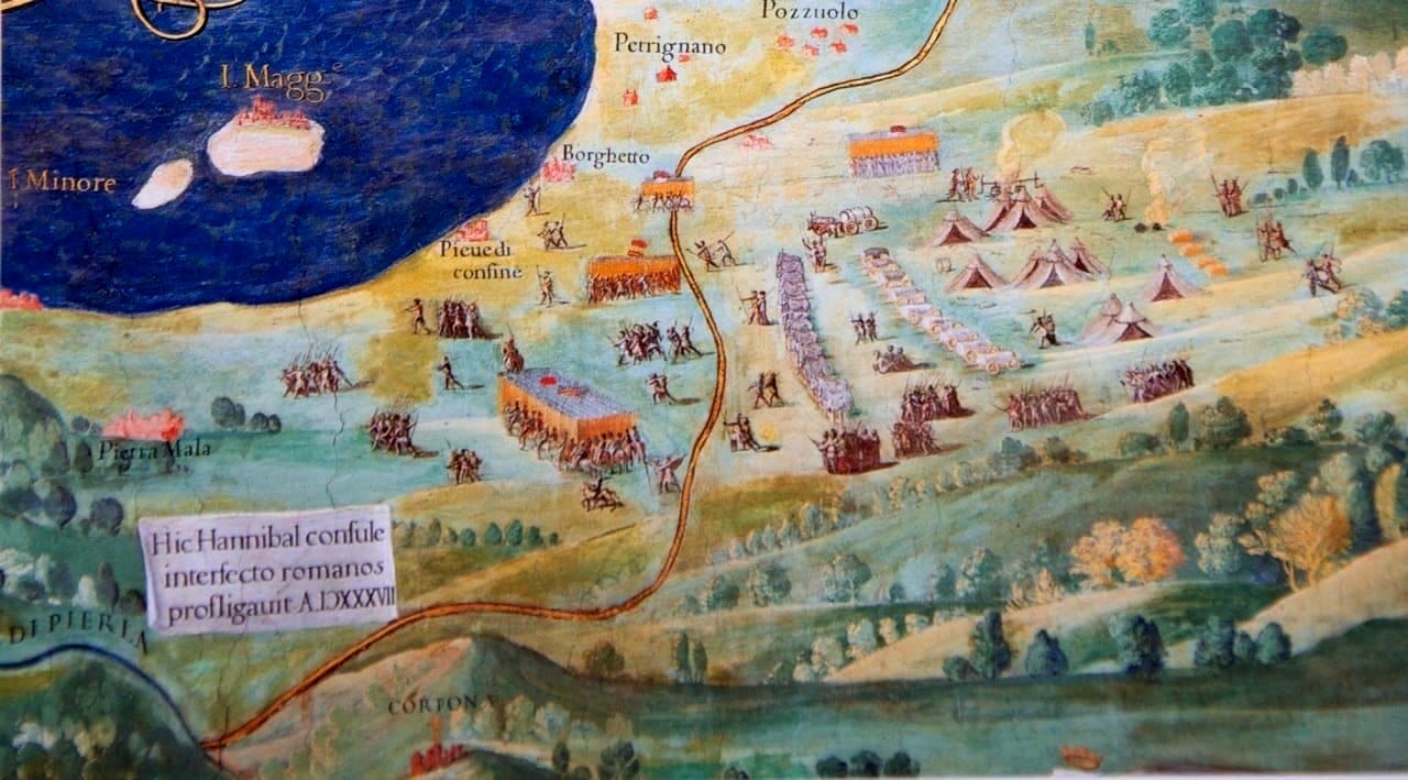 Detail of the Battle of Lake Trasimeno in the fresco of the territories of Perugia and Città di Castello in the Gallery of Maps of the Vatican Museums in Rome. The detail was added in 1597 by the painter Pietro Oldrado over the original fresco by Ignazio Danti.