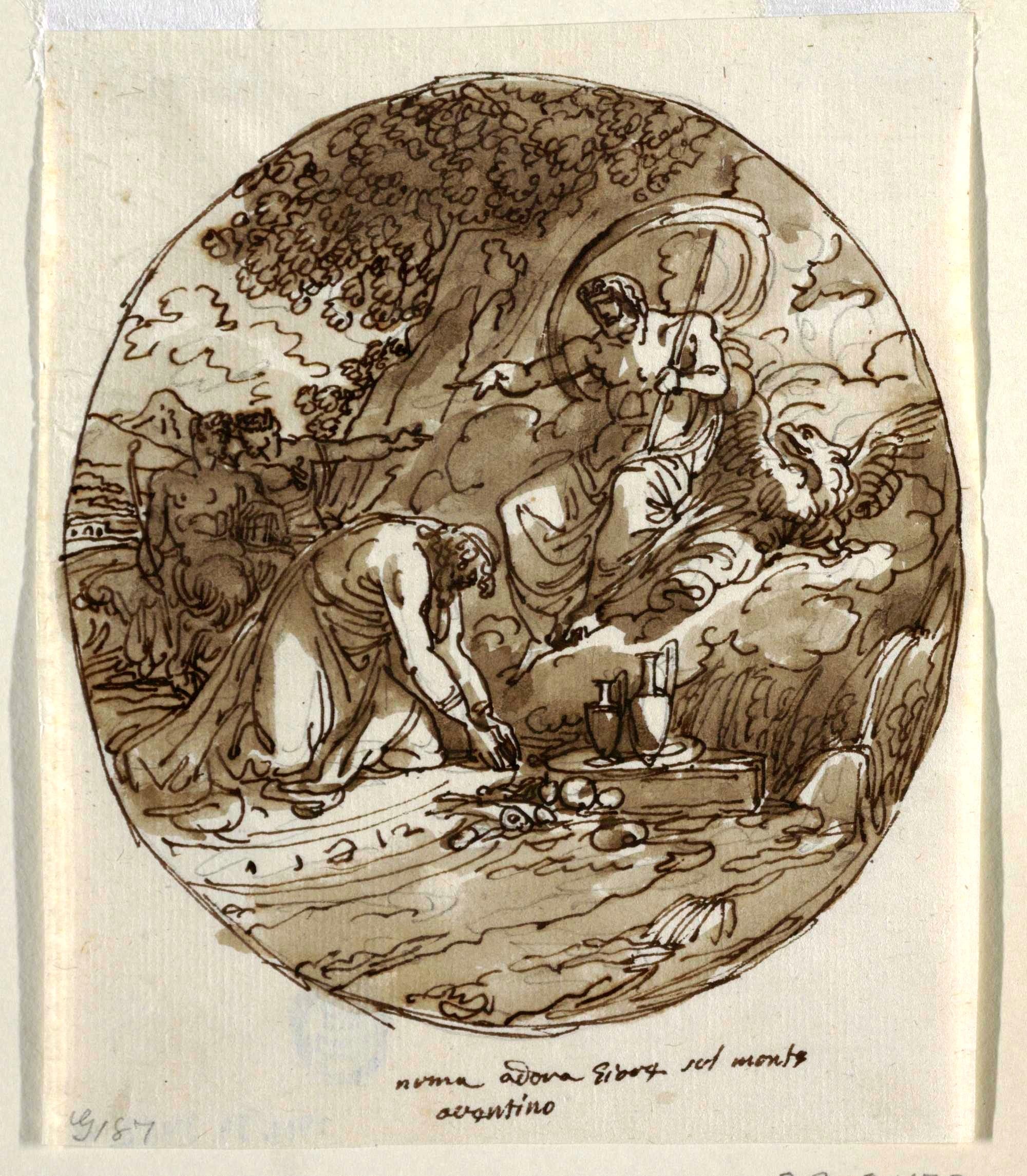 Drawing, Numa Pompilius Worshipping Jove on the Aventine, Ceiling Design for the Sala di Numa Pompilius, Palazzo Milzetti, Faenza, 1804–05. Public domain.