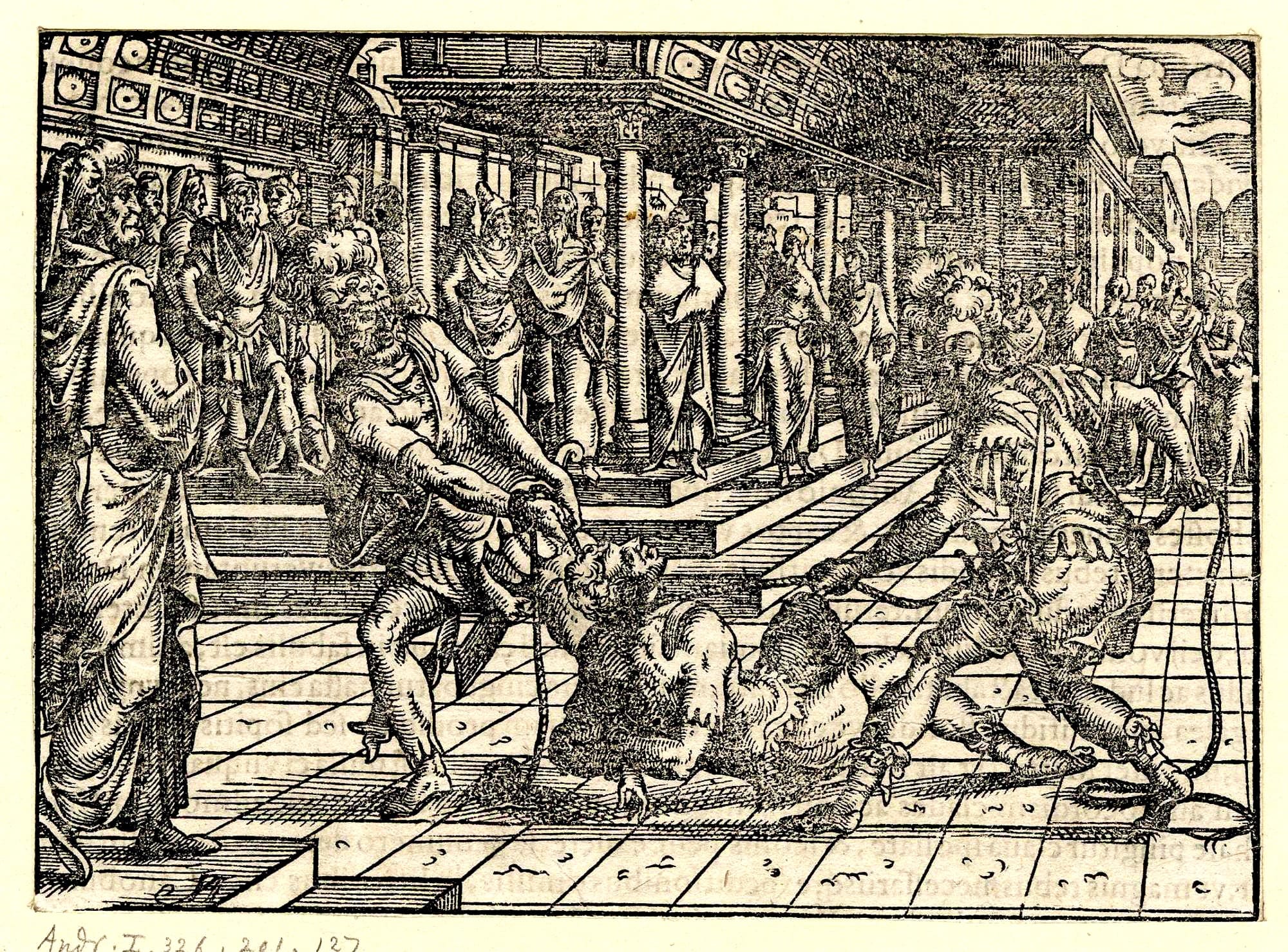 Demetrius being strangled by two soldiers; scene set in a courtyard with a group of onlookers standing amongst columns and classical architecture in the background. Illustration to Livy, 'Romanae Historiae Principis Libri Omnes...', Frankfurt: Rab, Feyerabend, Han Heirs, 1568. 1568 Woodcut
