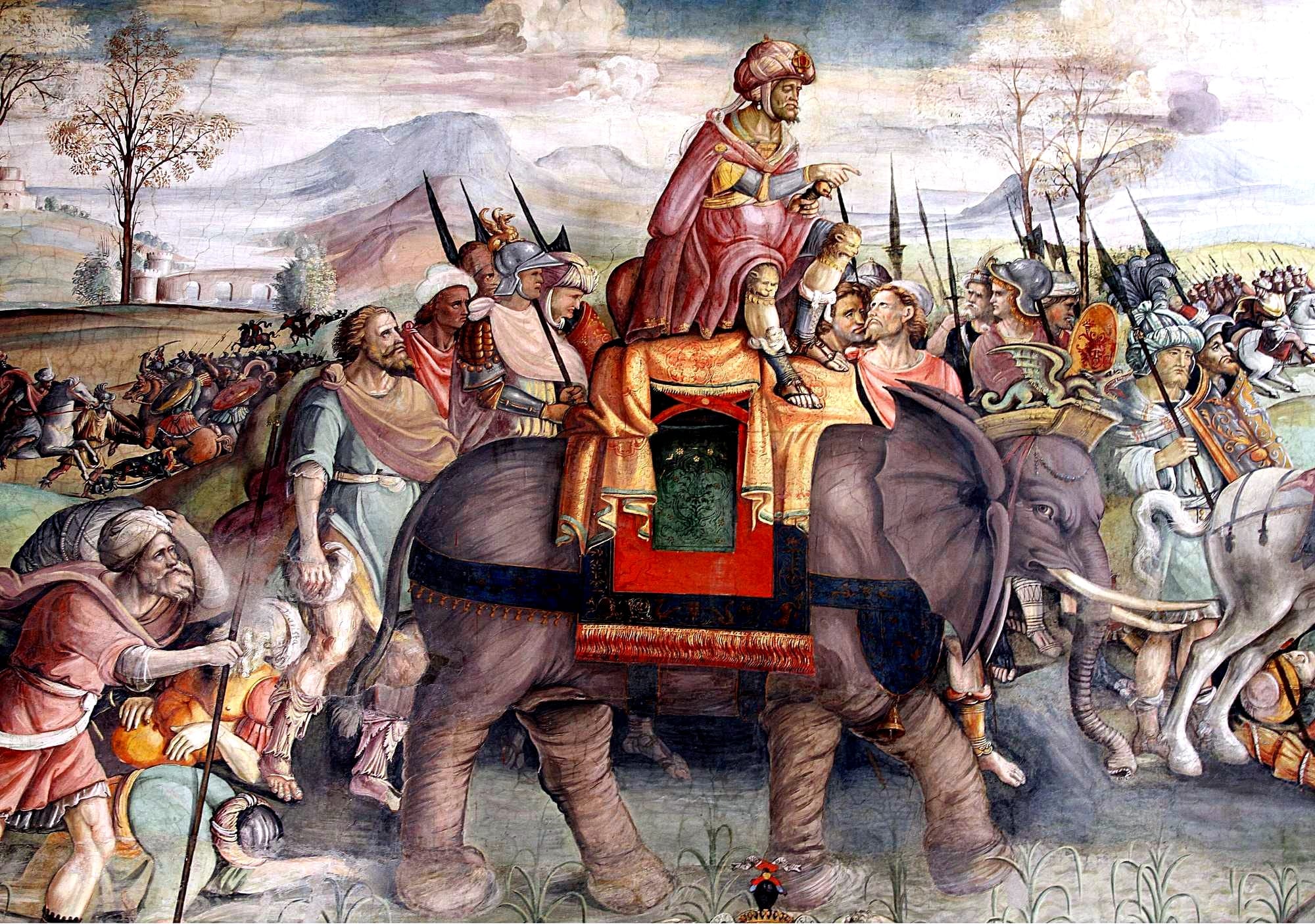 Hannibal Crossing the Alps; detail from a fresco by Jacopo Ripanda, ca 1510, Palazzo dei Conservatori (Capitoline Museum), Rome