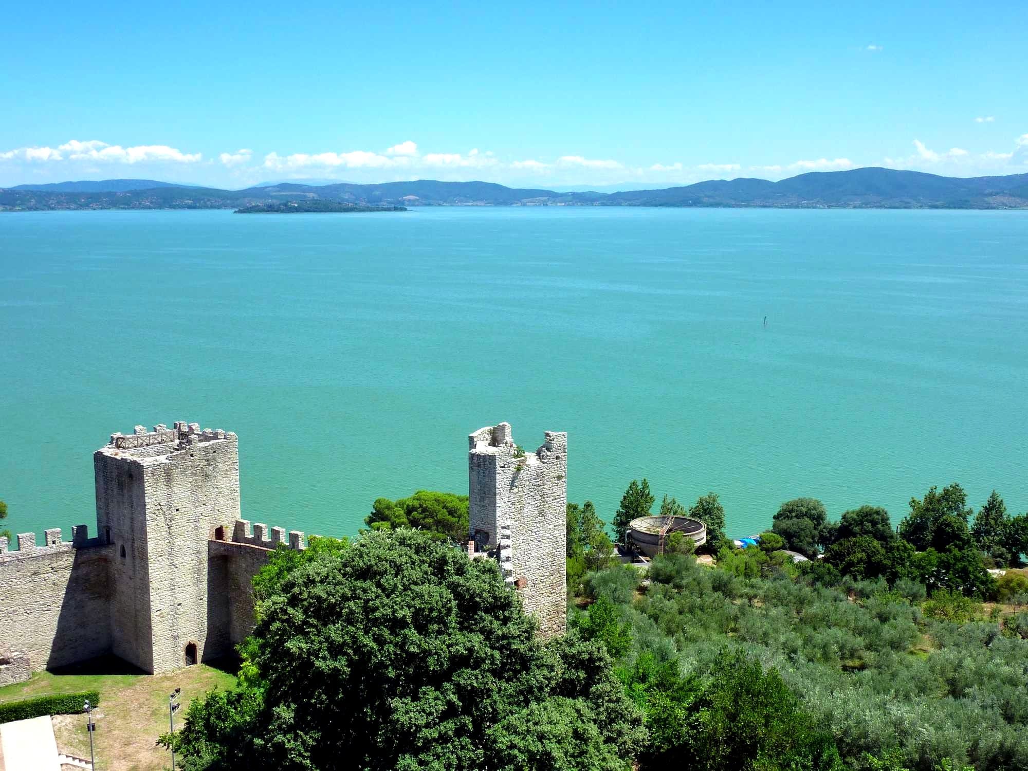 Trasimeno lake seen from the fortress in Castiglione del Lago, Italy.