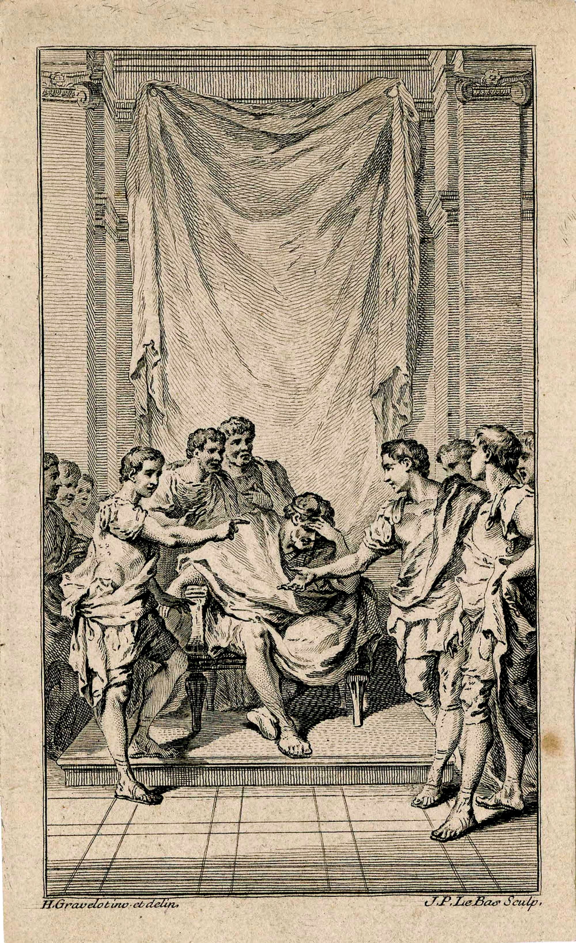 Philip V of Macedon sitting enthroned in a room, with his sons Perseus and Demetrius standing on either side and arguing; illustration to Charles Rollin's 'The Ancient History of the Egyptians, Carthaginians, Assyrians, Babylonians, Medes, and Persians' (first published in London: Knapton, 1738-1740); finished state. 1740 Etching with some engraving