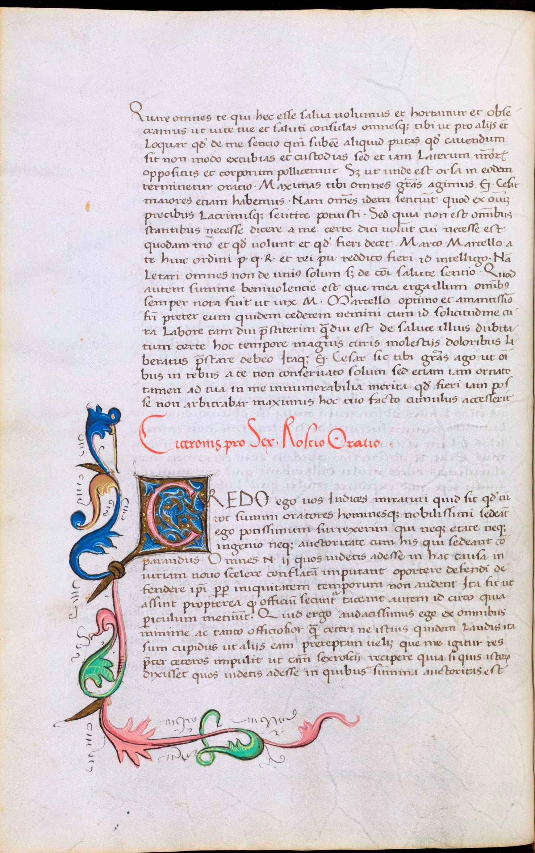 Copy of one of Cicero's orations (Pro Roscio Amerino) which are found in a 15th century codex from Italy. 