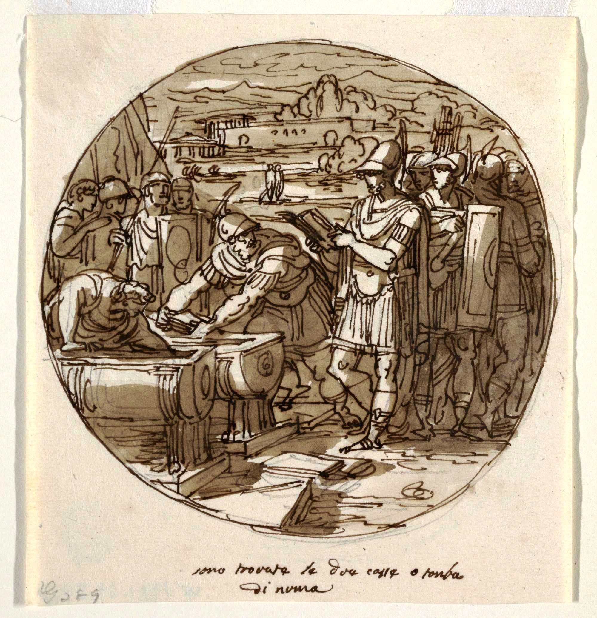 Drawing, Retrieval of Books from the Tomb of Numa, Sala di Numa Pompilius, Palazzo Milzetti, Faenza, 1802–05
