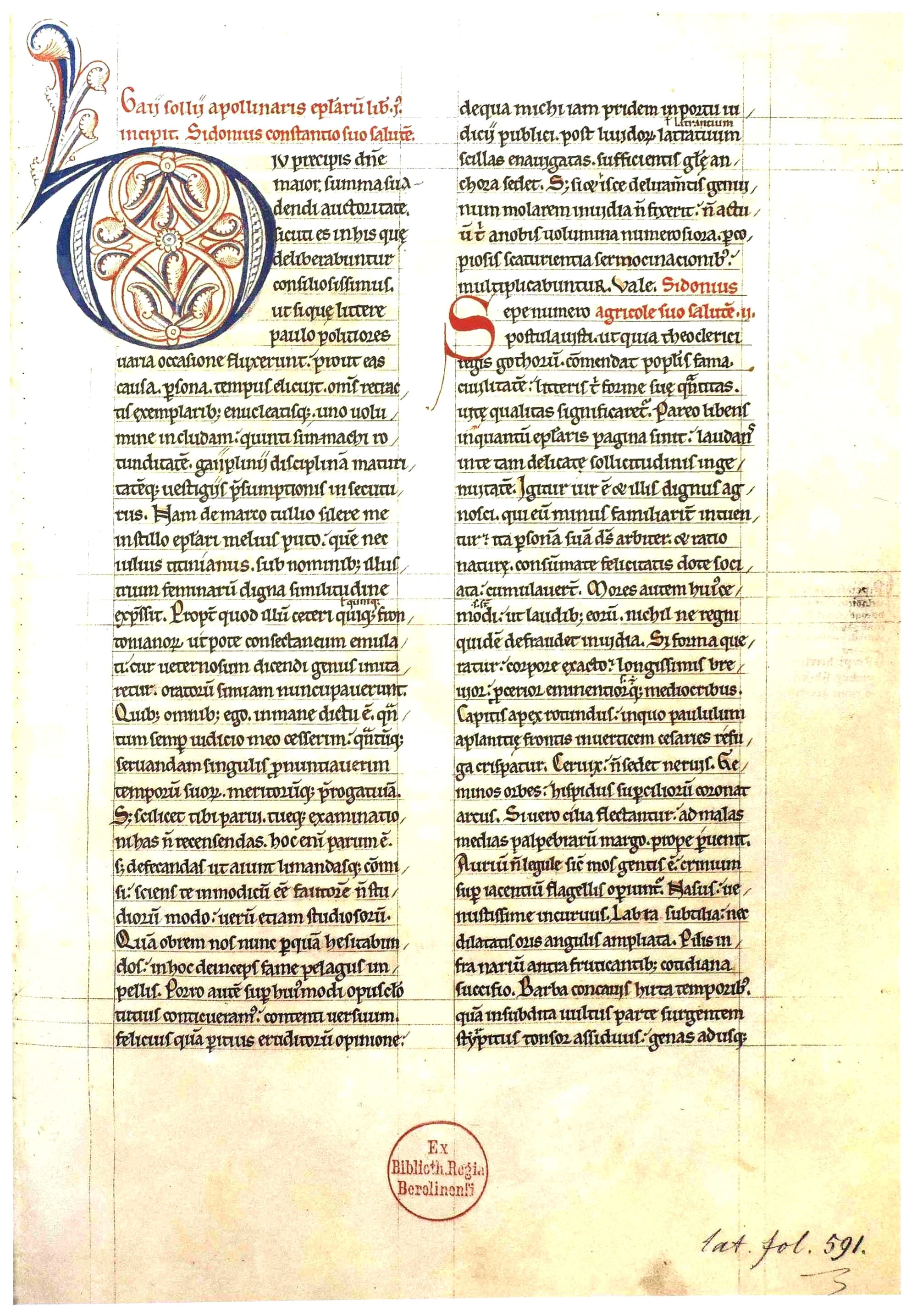 The beginning of Sidonius’ letters in the manuscript Berlin, Staatsbibliothek