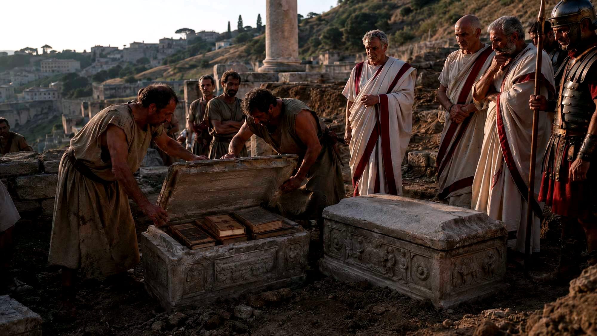 A possible representation of the discovery of the books attributed to Numa Pompilius near the Janiculum.