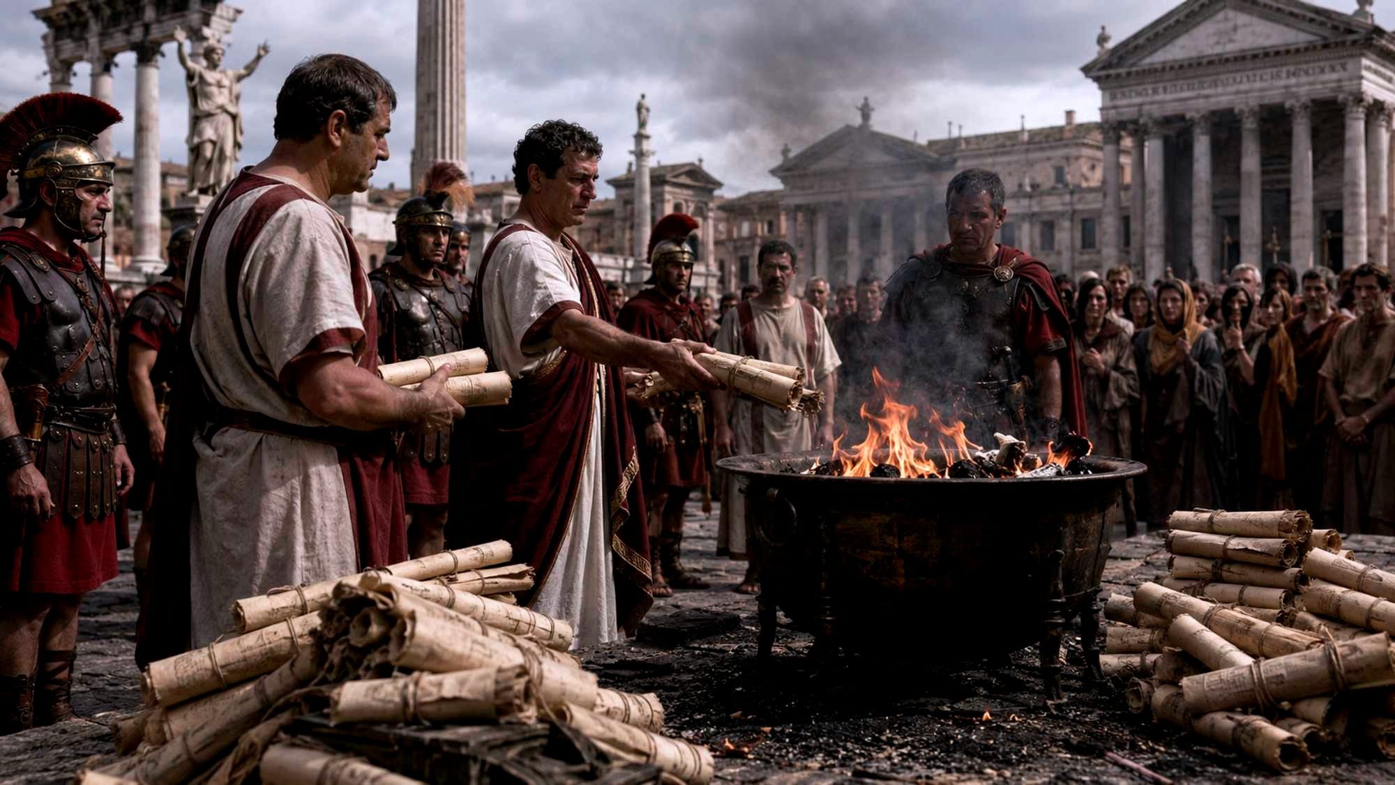 A possible representation of scroll burning Under Domitian. The burning of works praising senatorial opposition figures became part of the later memory of tyranny.