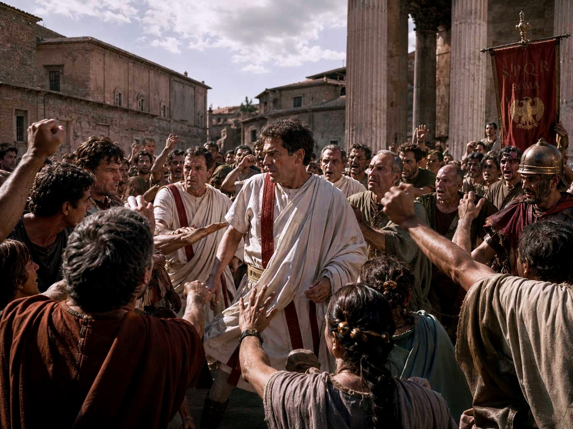 A possible representation of a tense confrontation at Asculum in 91 BCE, where a Roman official’s attempt to address a public gathering helped trigger the killings that marked the opening of the Social War.