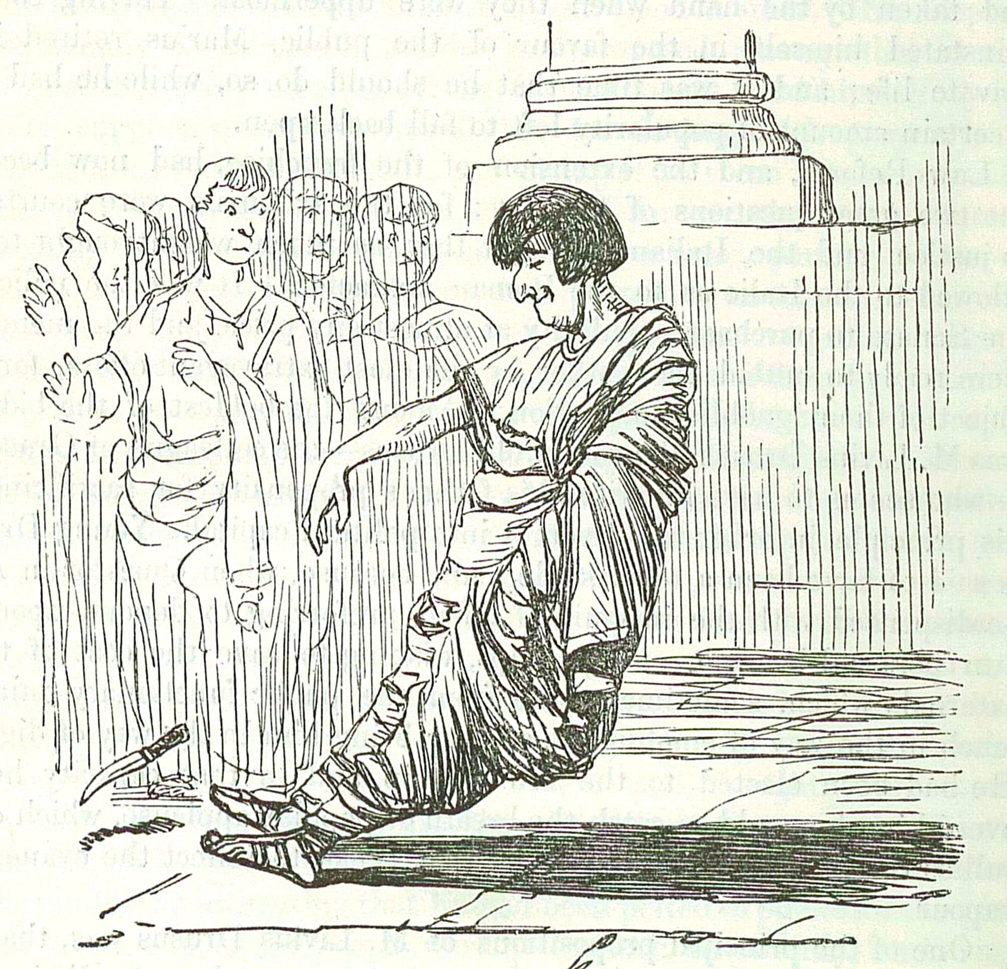 Image by John Leech, from: The Comic History of Rome by Gilbert Abbott A Beckett.  Bradbury, Evans & Co, London, 1850s  Drusus is Stabbed, end Expires gracefully