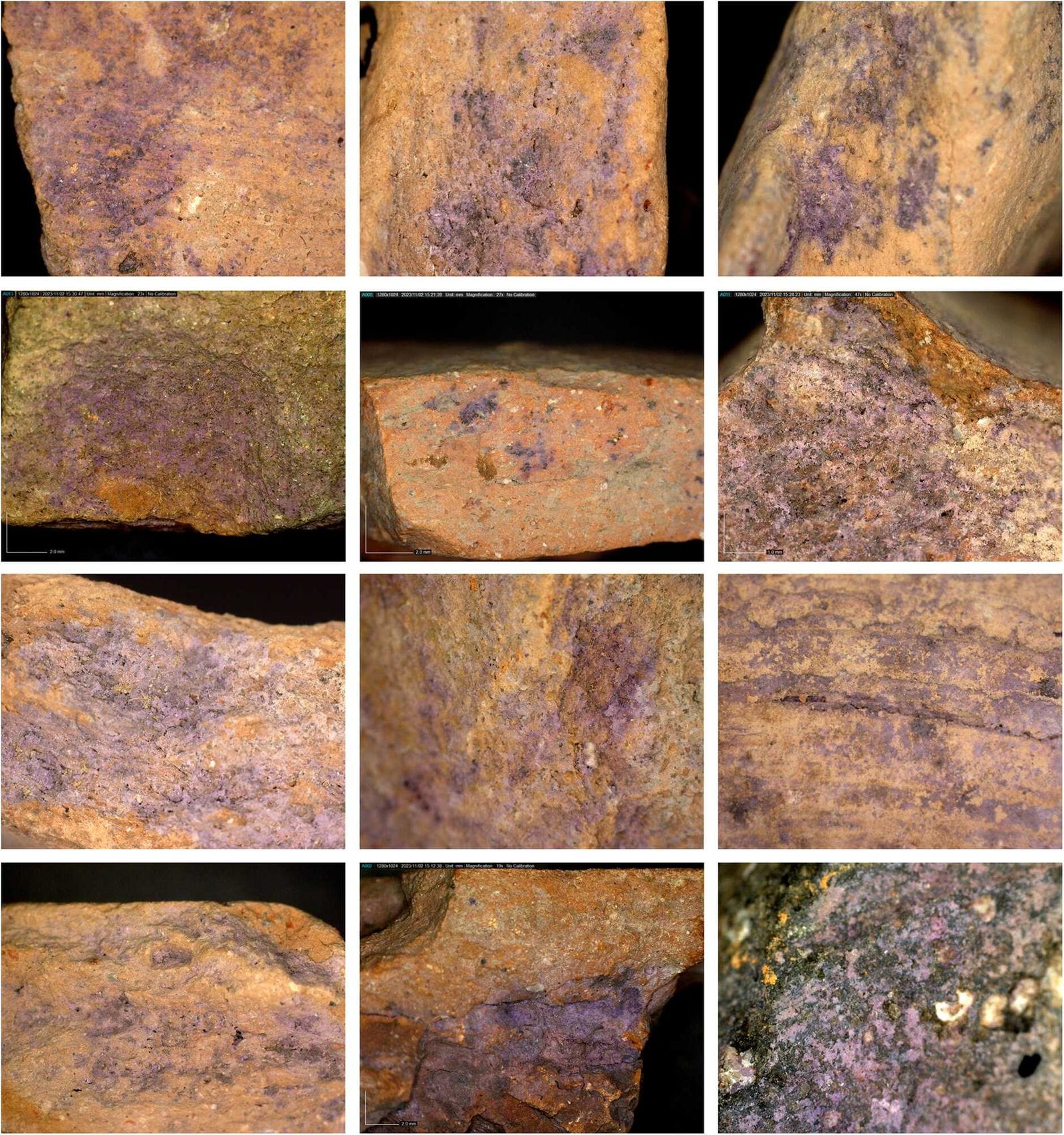 Dino-Lite digital microscope photos of purple-dye residue on miscellaneous pottery vessels.