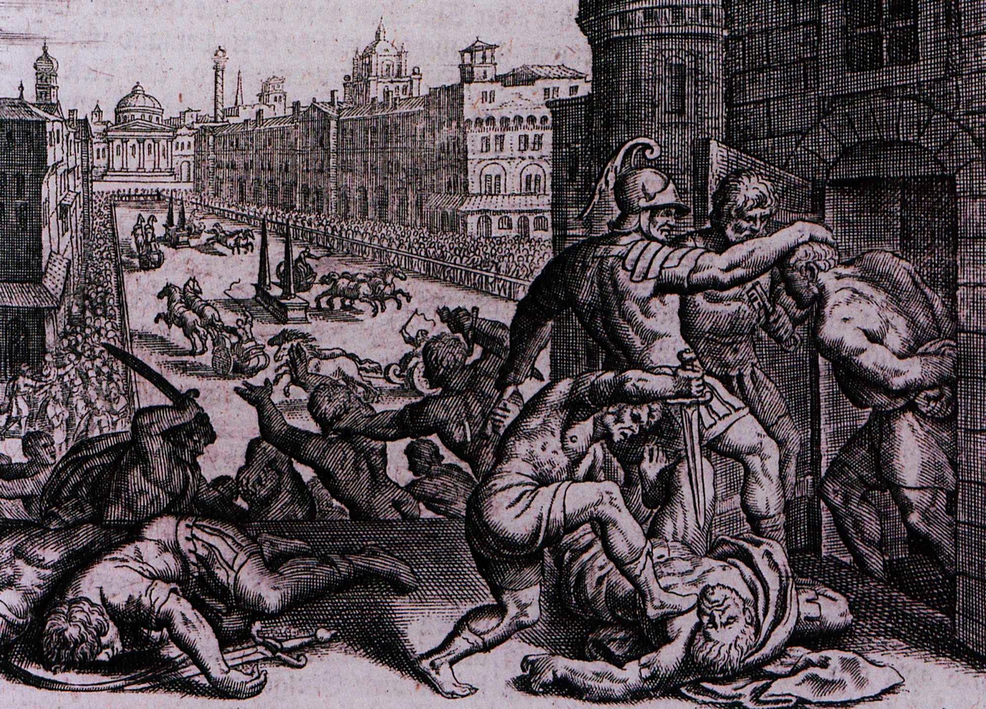 Massacre in the Hippodrome of Thessaloniki in 390, 16th century wood engraving
