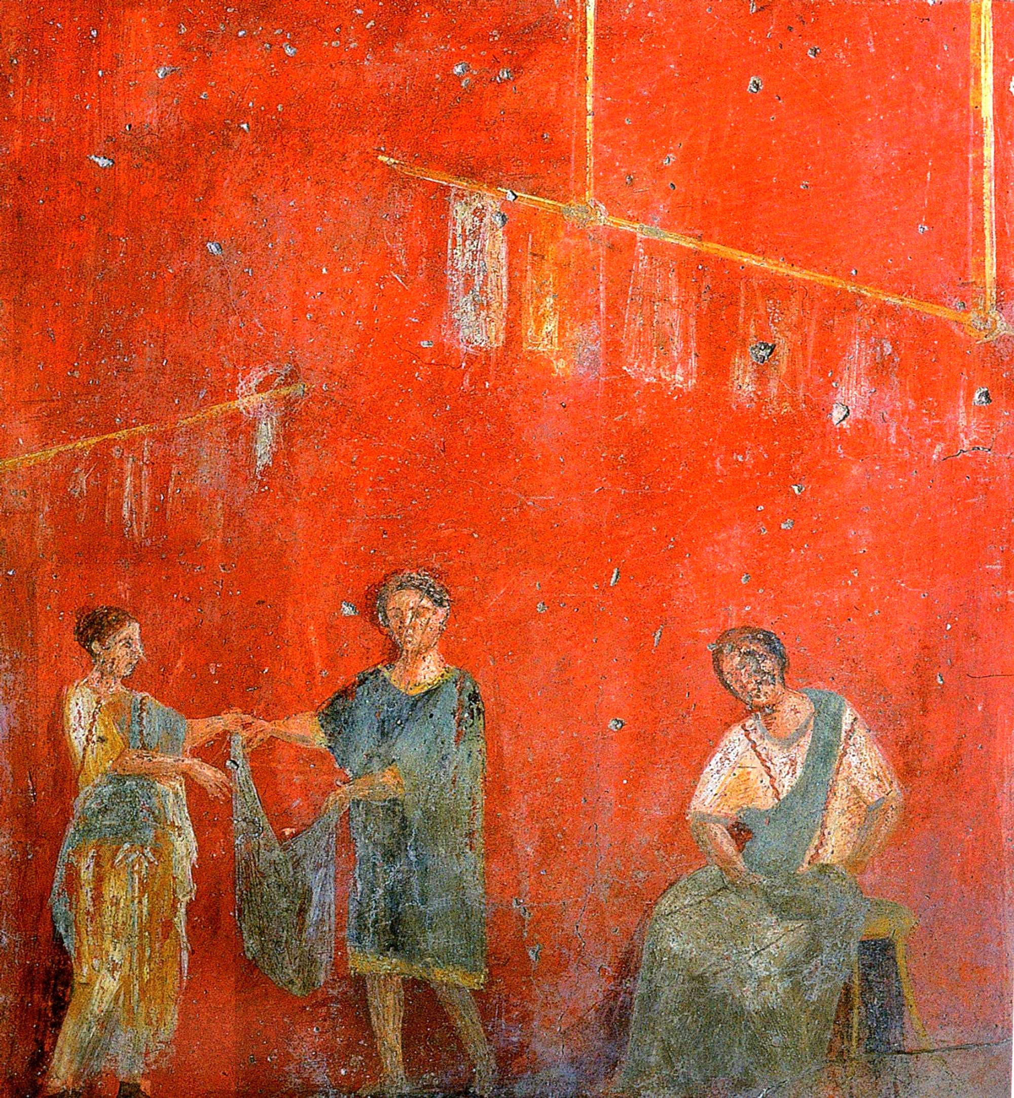 Workers putting up clothes for drying. Roman fresco from the&nbsp;fullonica&nbsp;(fuller's shop) of Veranius Hypsaeus in Pompeii