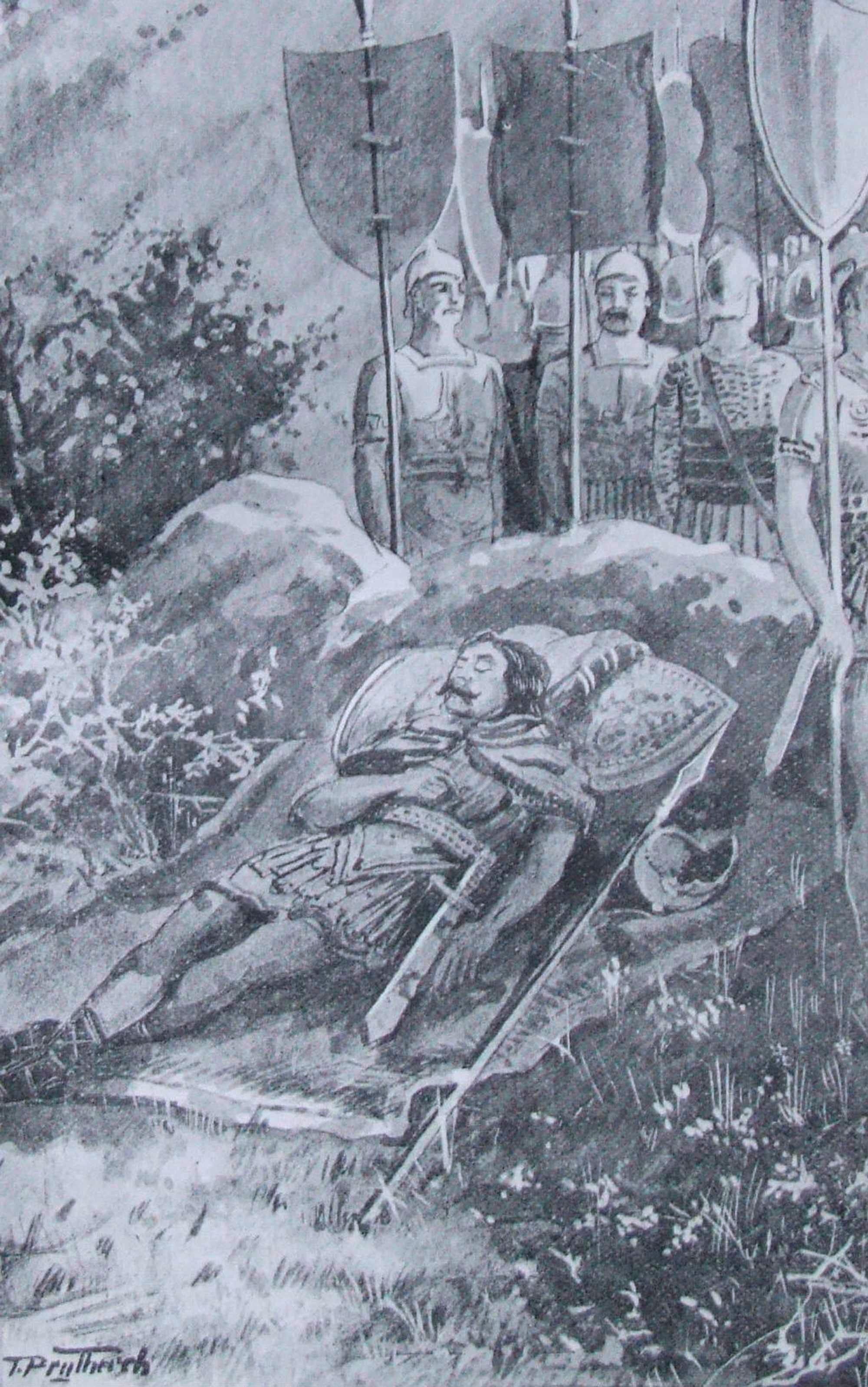 A 1906 illustration titled The Dream of Macsen Wledig by Thomas Prytherch. Not a portrait of Magnus Maximus. Medieval Welsh tradition
