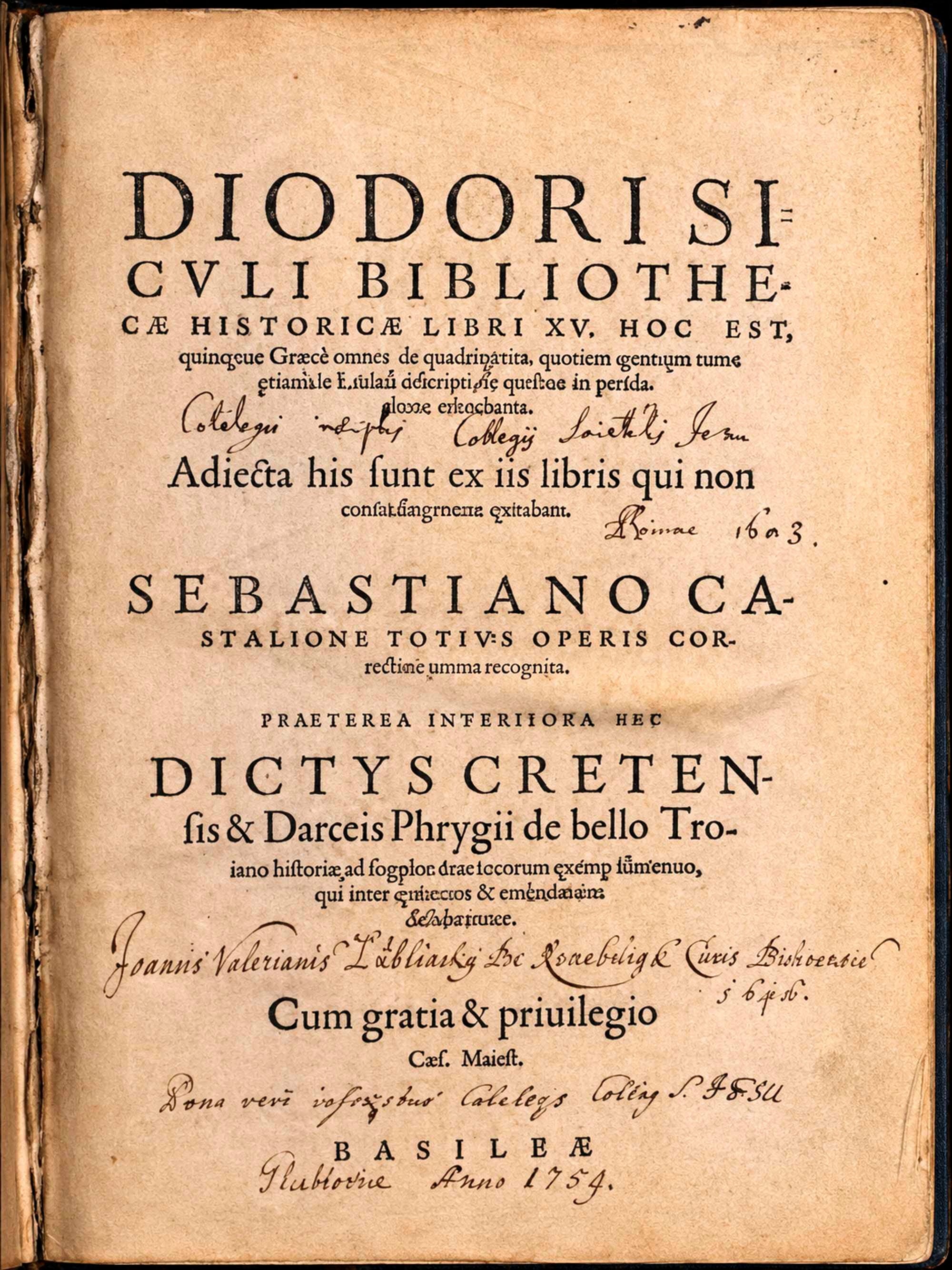 The title page of Bibliotheca historica by Diodorus Siculus published in 1559 in Basel.