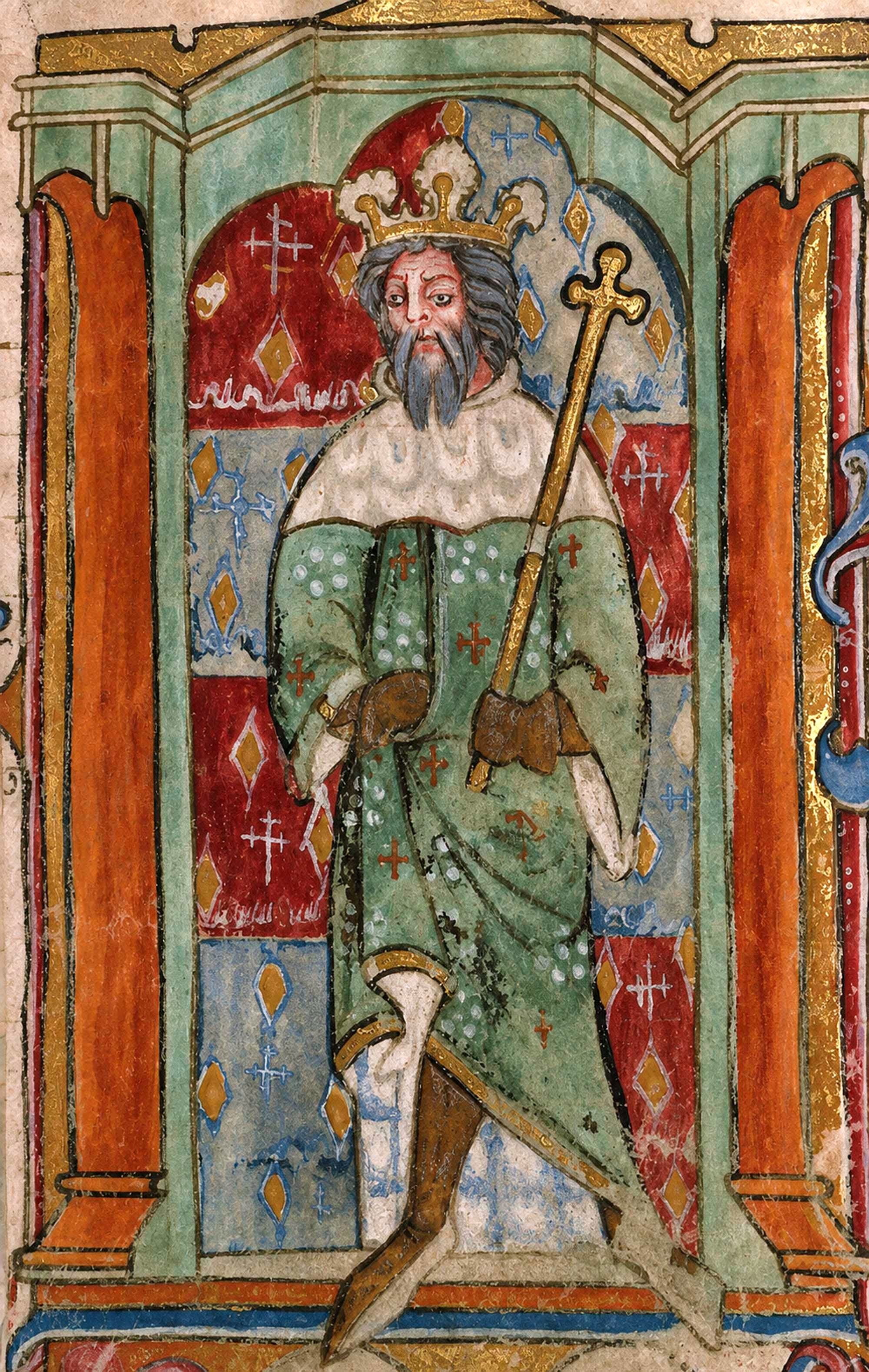 Llanbeblig Book of Hours (held at the National Library of Wales) is traditionally thought to depict the Roman emperor and Welsh legendary figure Magnus Maximus (known in Welsh as Macsen Wledig).