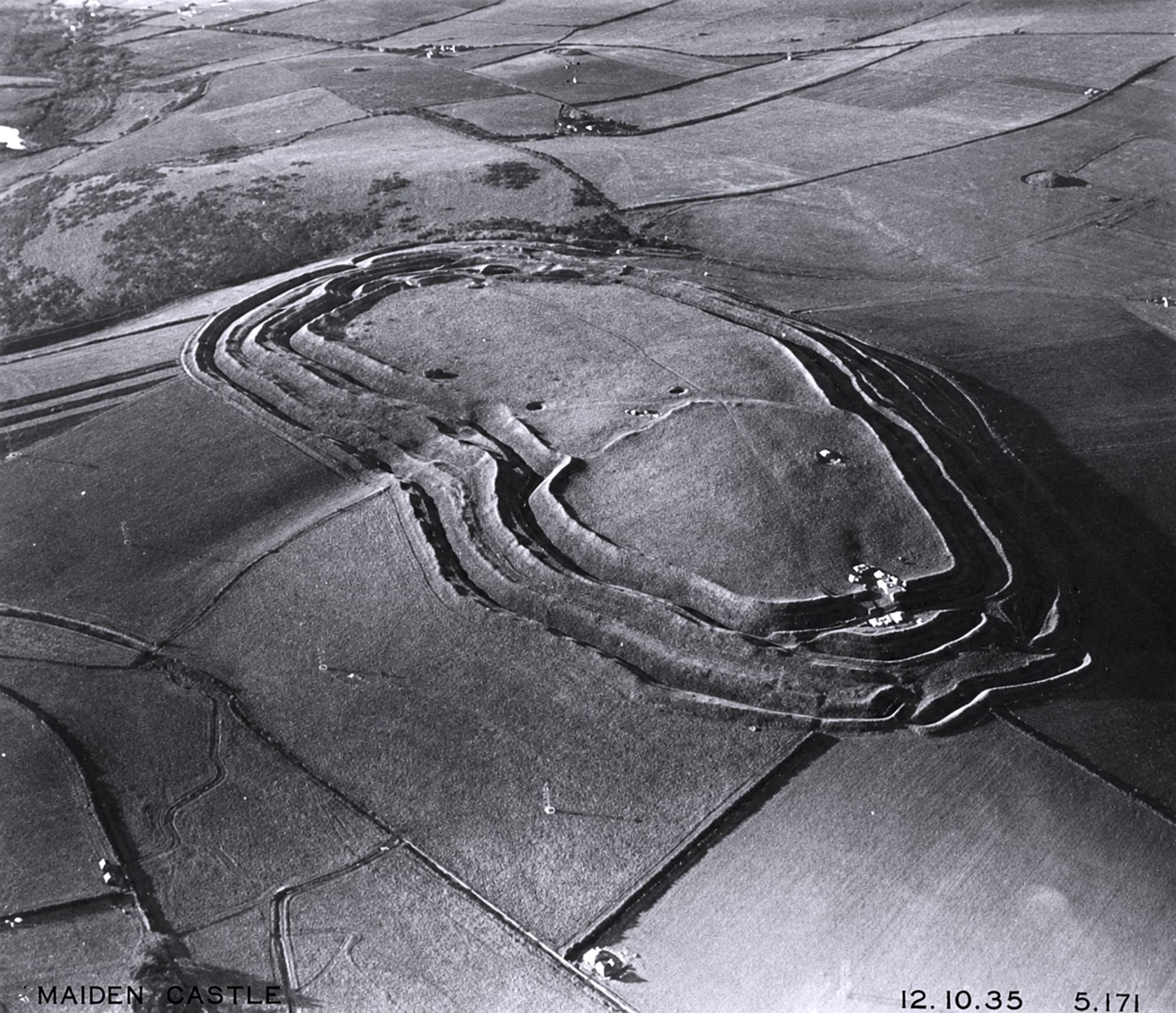 An aerial view of Maiden Castle in Dorset.