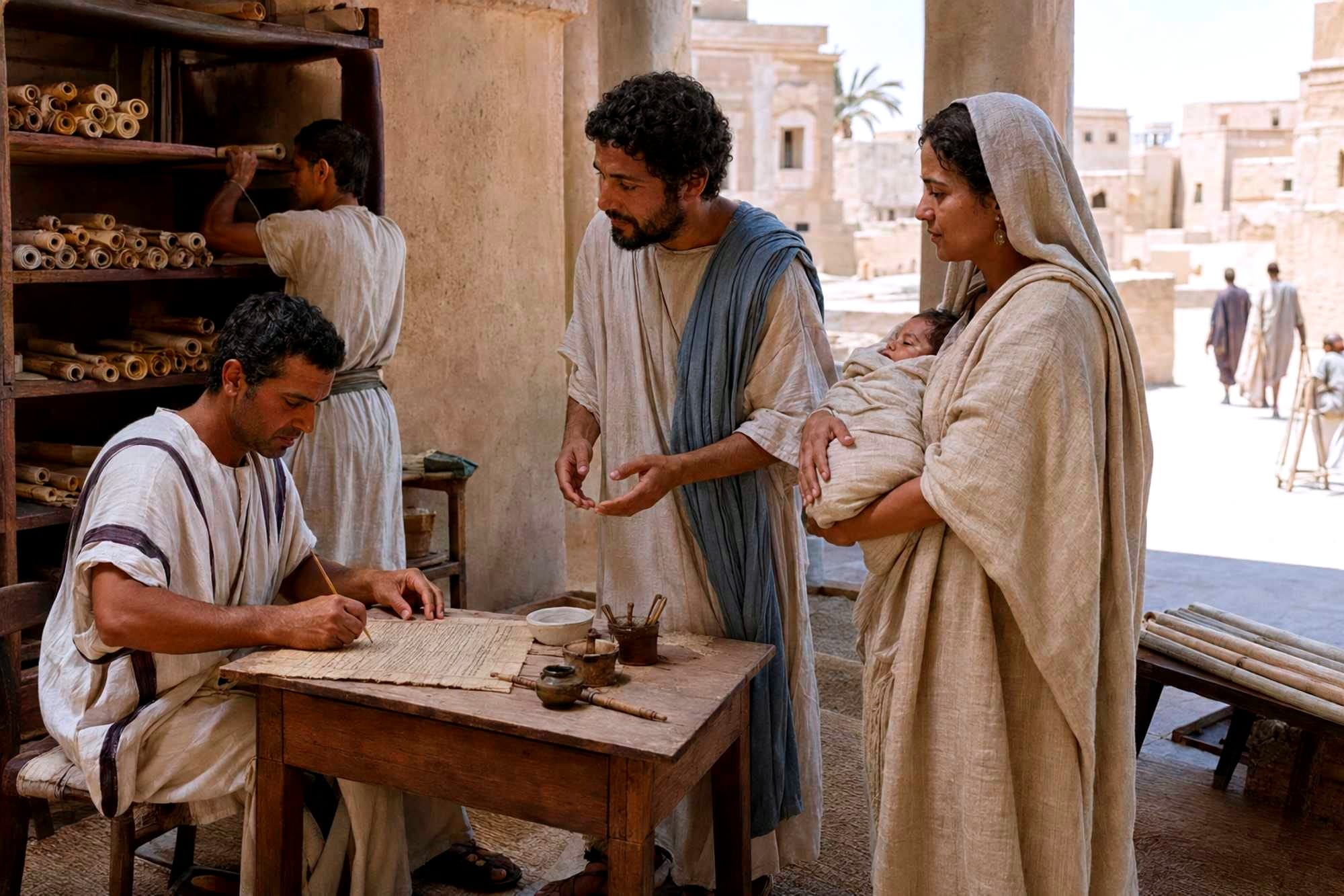A possible representation of a father registering his child’s birth before local officials in Roman Egypt.