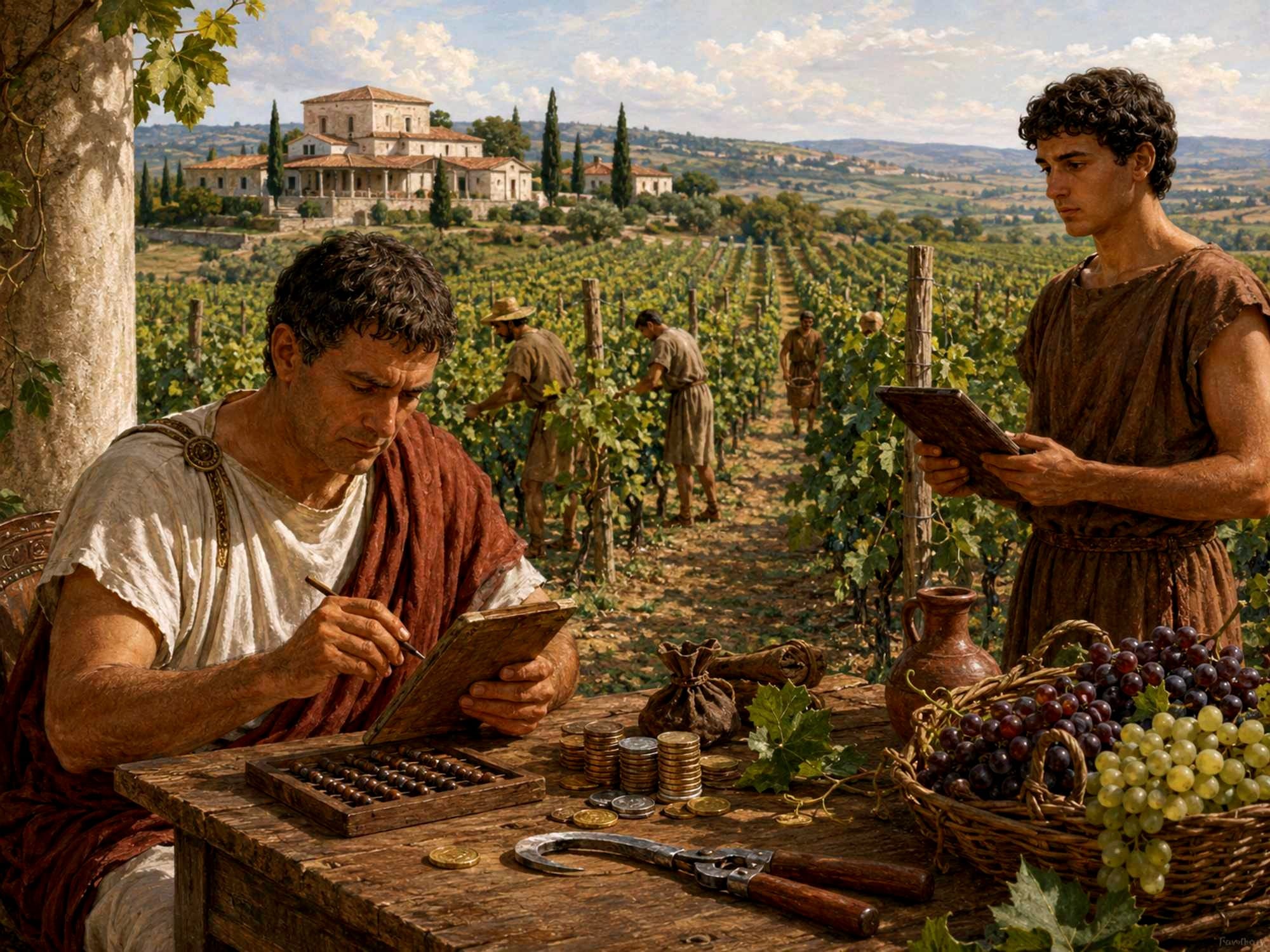 A possible representation of Columella's discussion about calculating a vineyard's costs.