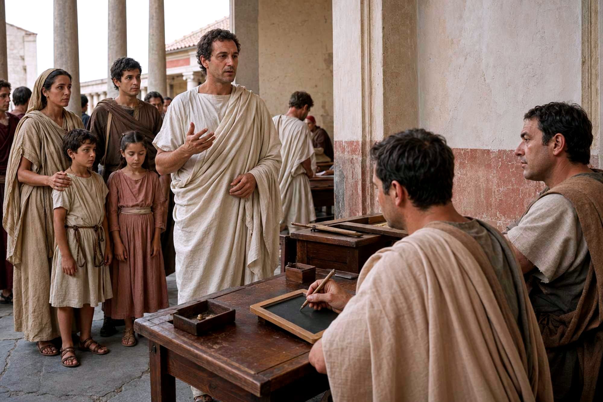 A possible representation of a Roman citizen presenting his household declaration during a census.