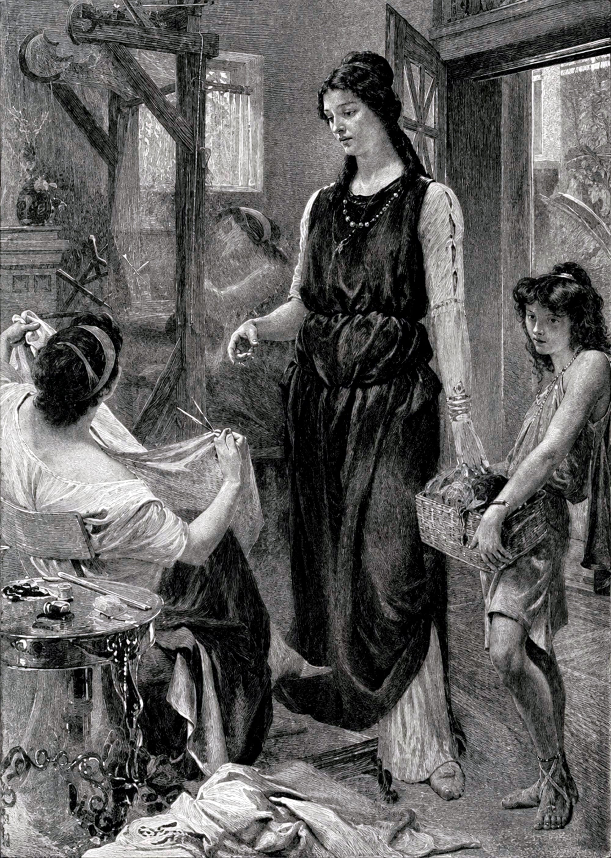 From a drawing of André Castaigne. Livia, the wife of Augustus, superintending the weaving of robes for her family.