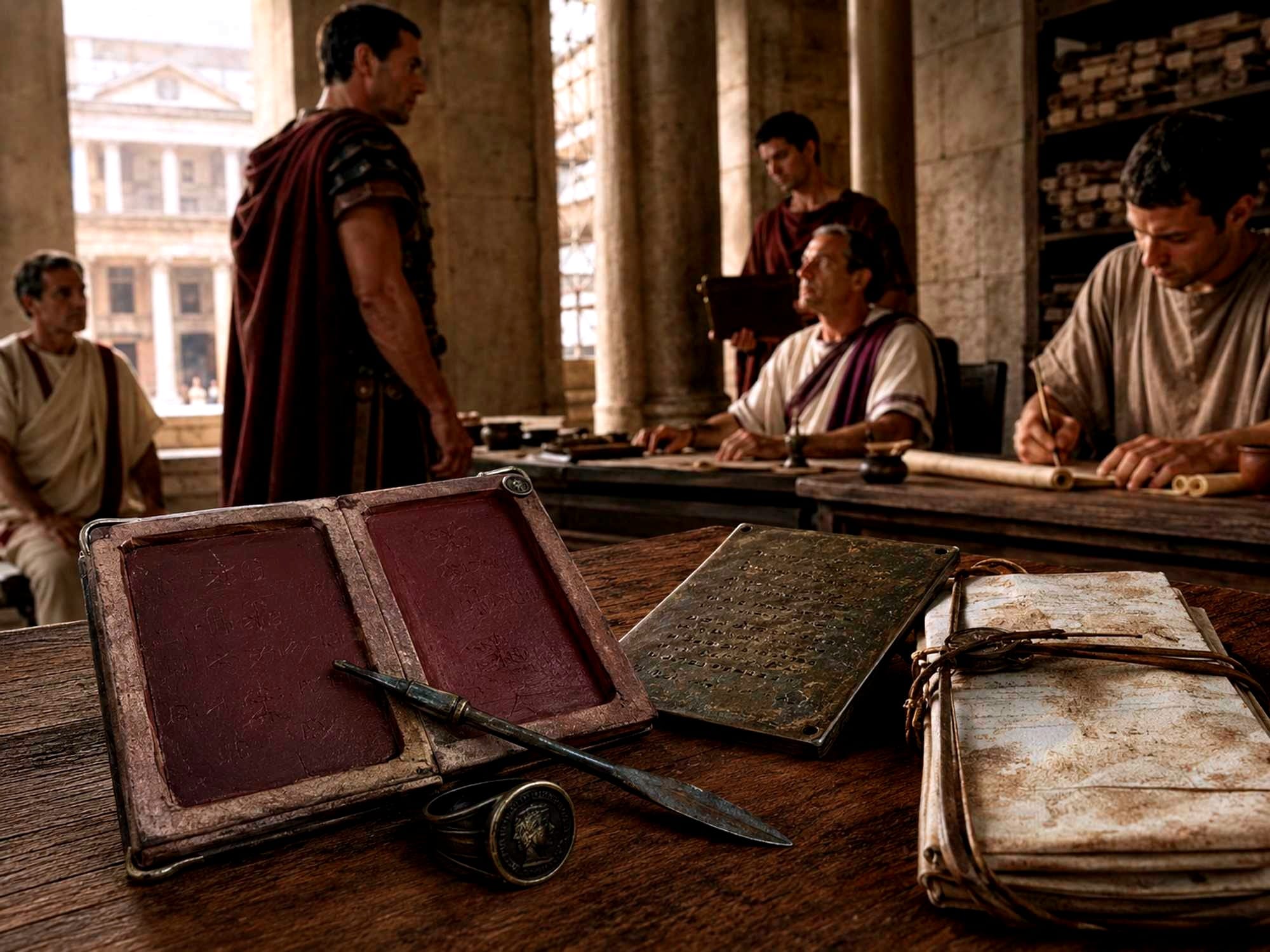 A Roman veteran presents proof of his status before an official, while wax tablets, a seal ring, a tied document and a bronze military diploma represent the different forms of evidence used to establish identity and citizenship.