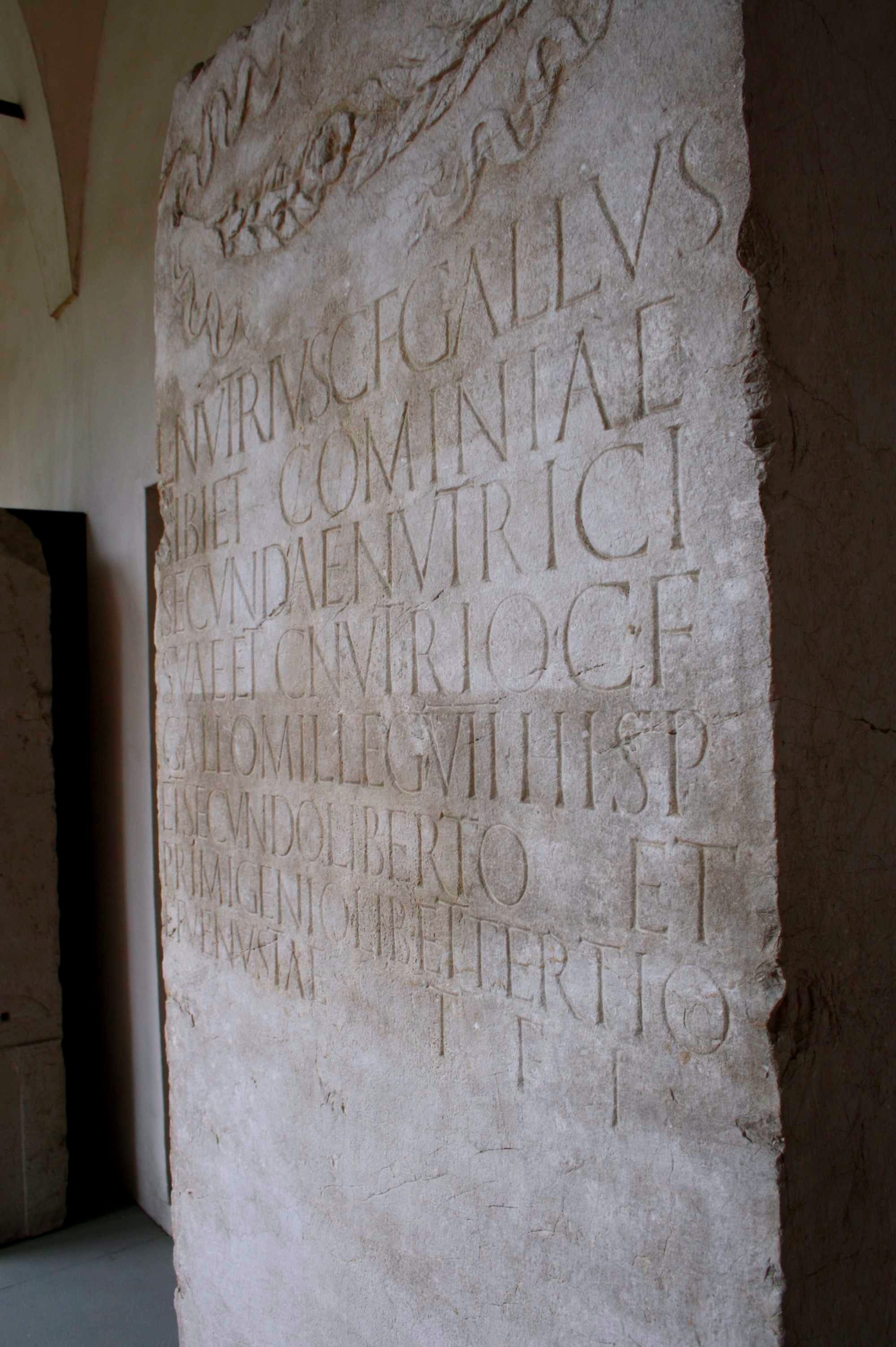 A funerary stele (akin to a gravestone) erected by Roman citizen Lucius Nutrius Gallus in the 2nd half of the 1st century AD for himself, his wet nurse, and other members of his family and household