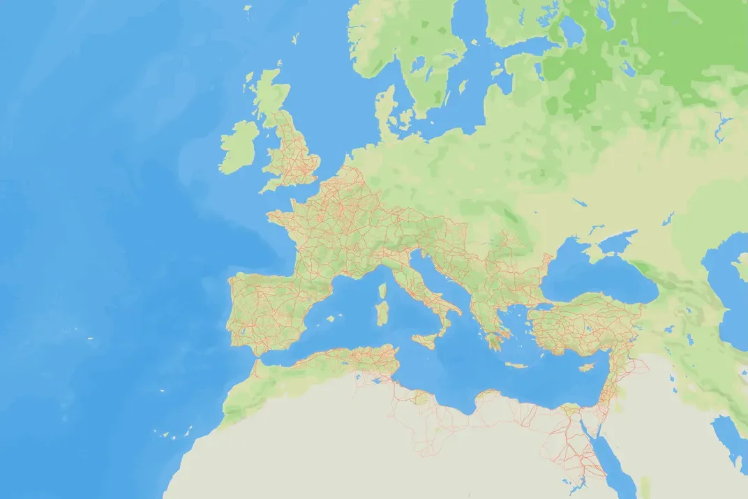 A screengrab from Itiner-e, a project aiming to present the fullest map of Roman roads, co-directed by archaeologists Adam Pažout, Tom Brughmans and Pau de Soto Cañamares Itiner-e