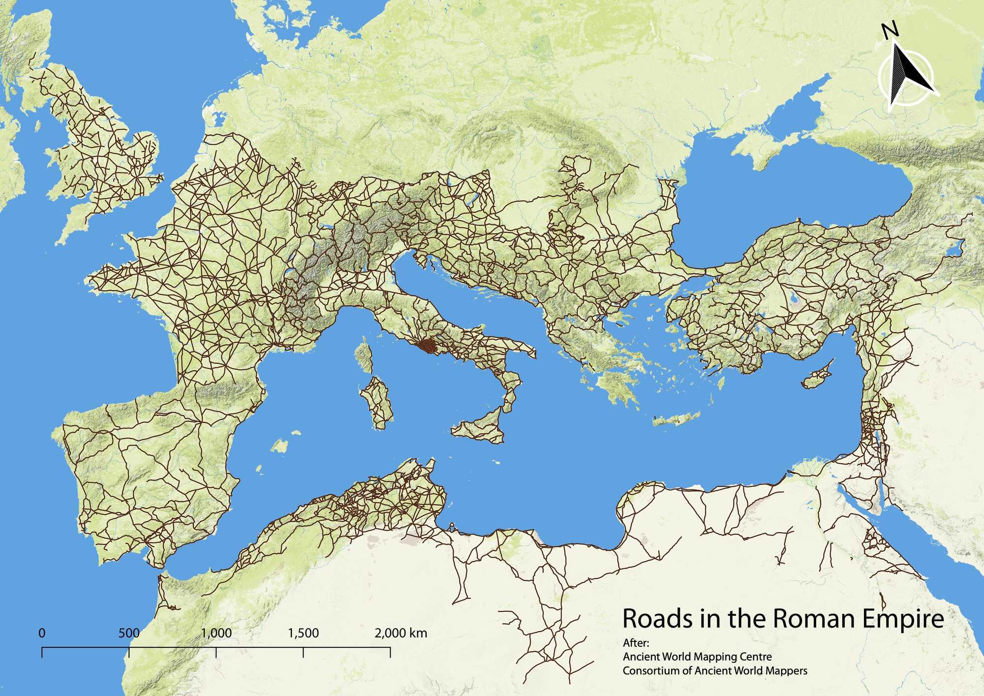 Older representation of the Roads in the Roman Empire, data mainly taken from the Peutinger Table and Antonine Itinerary