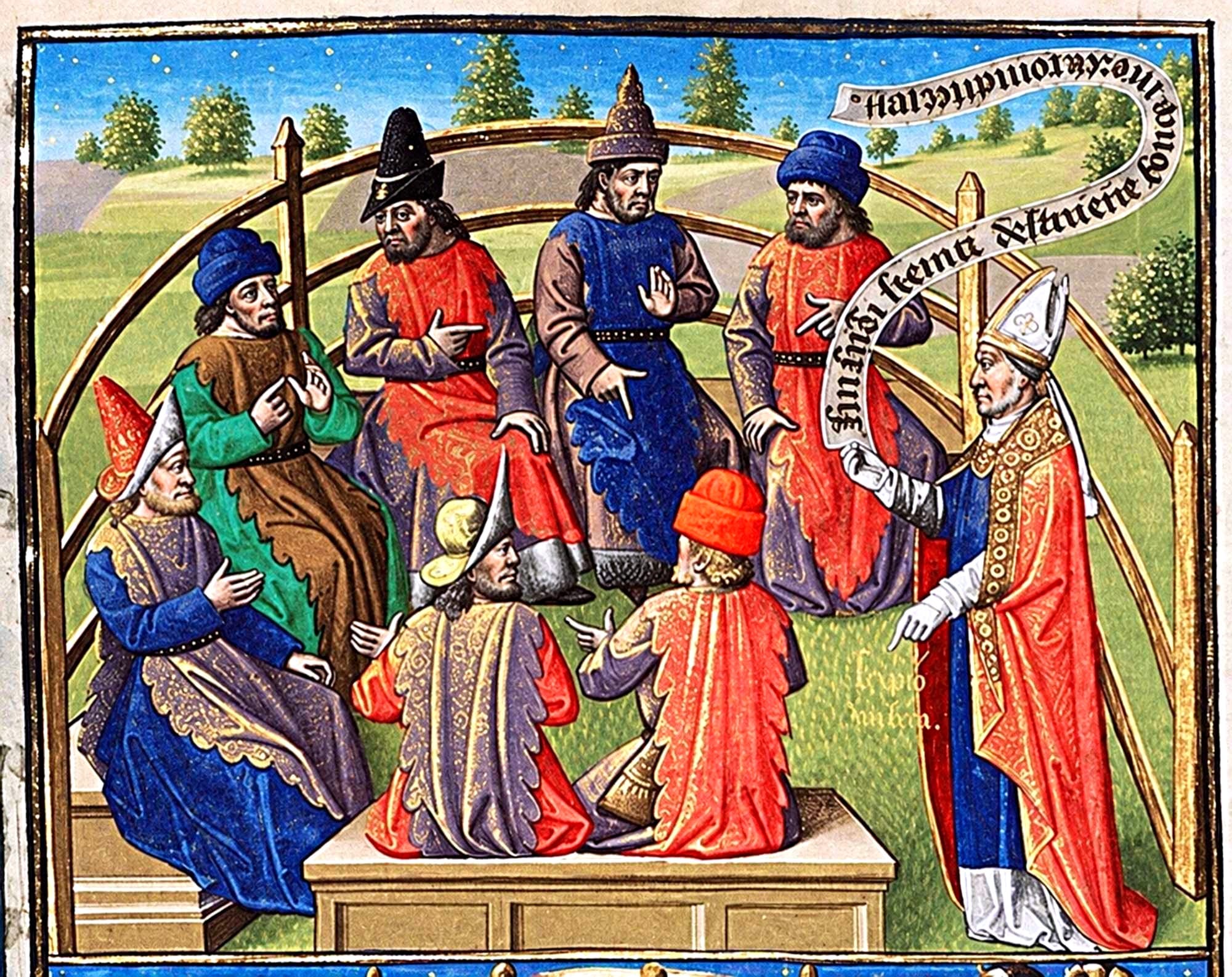 Augustine & Master François - City of God - The Hague, 10 A 11 fol. 35v -Scipio Nasica discussing theatrical performances with a group of scholars