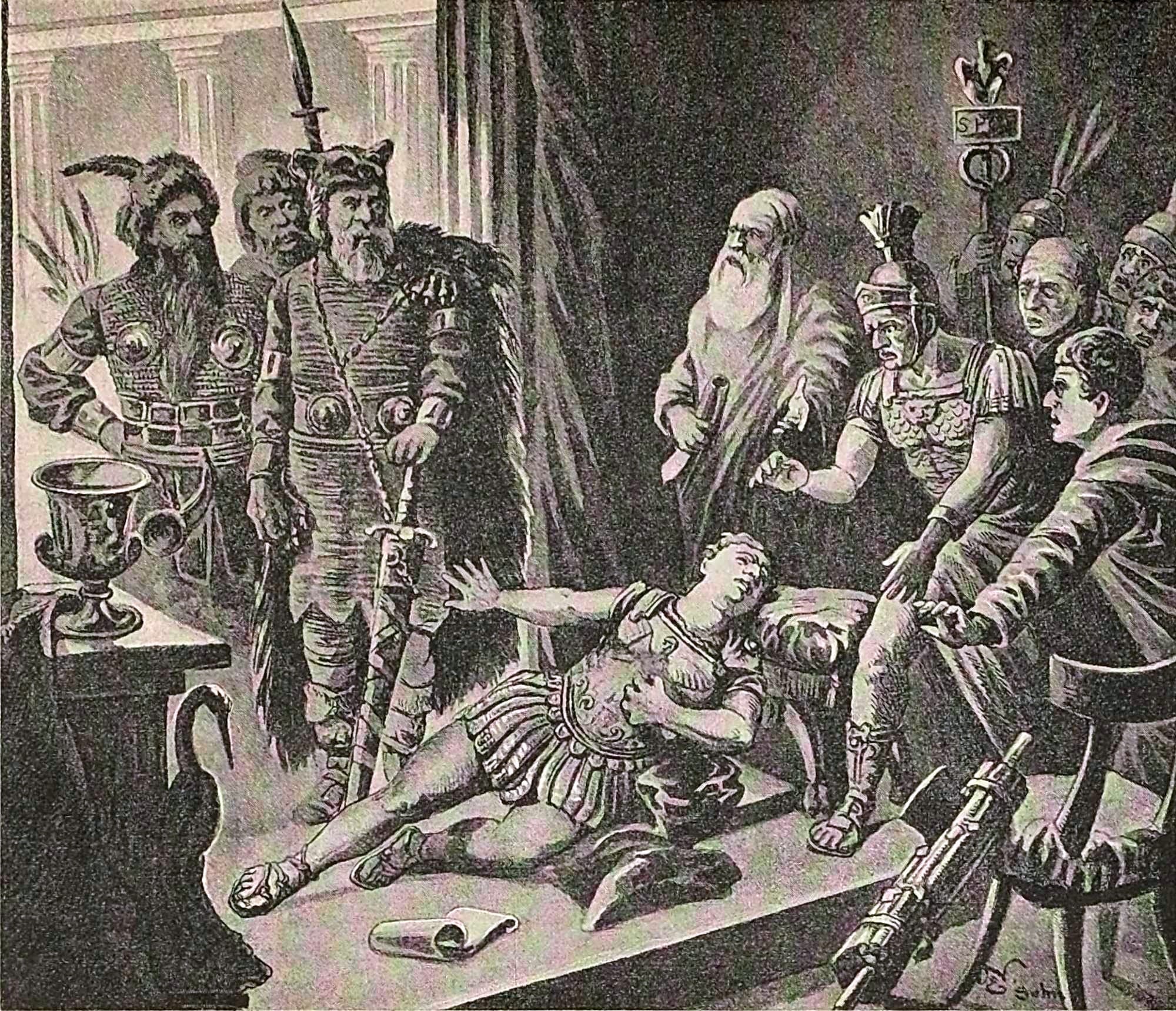 Valentinian I was suddenly struck by a stroke during a conversation with the barbarian ambassadors, 375