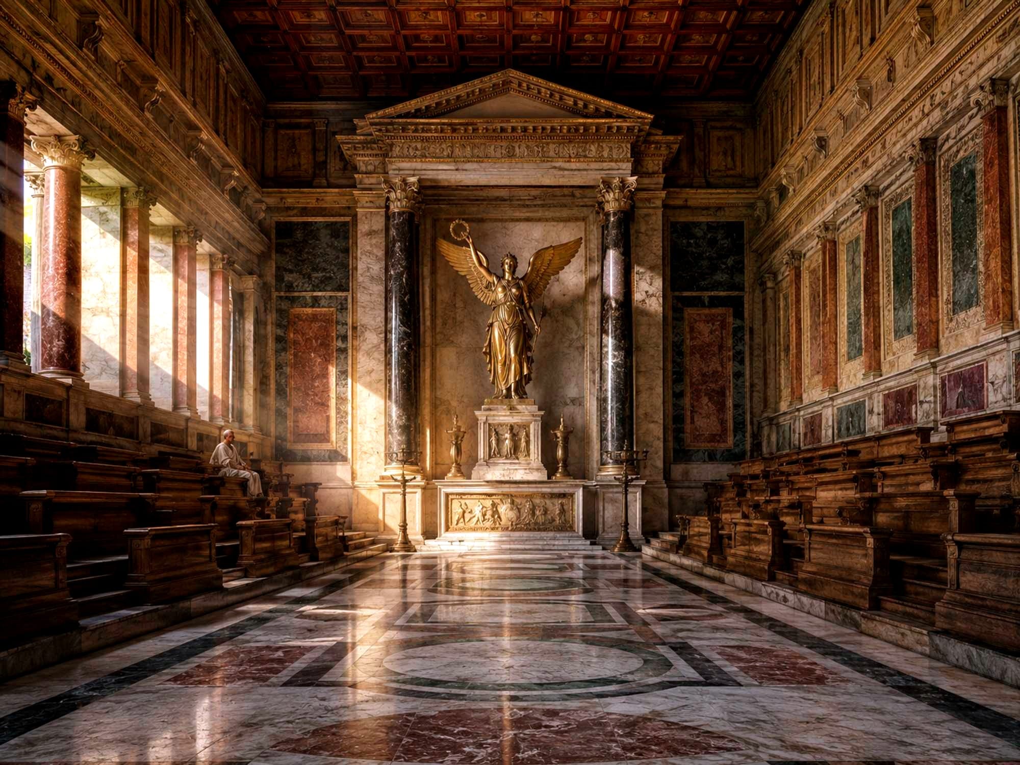 Reconstruction of the Curia Julia with the winged Victory statue displayed in the Senate house. Gratian ordered the Altar of Victory removed in the early 380s.