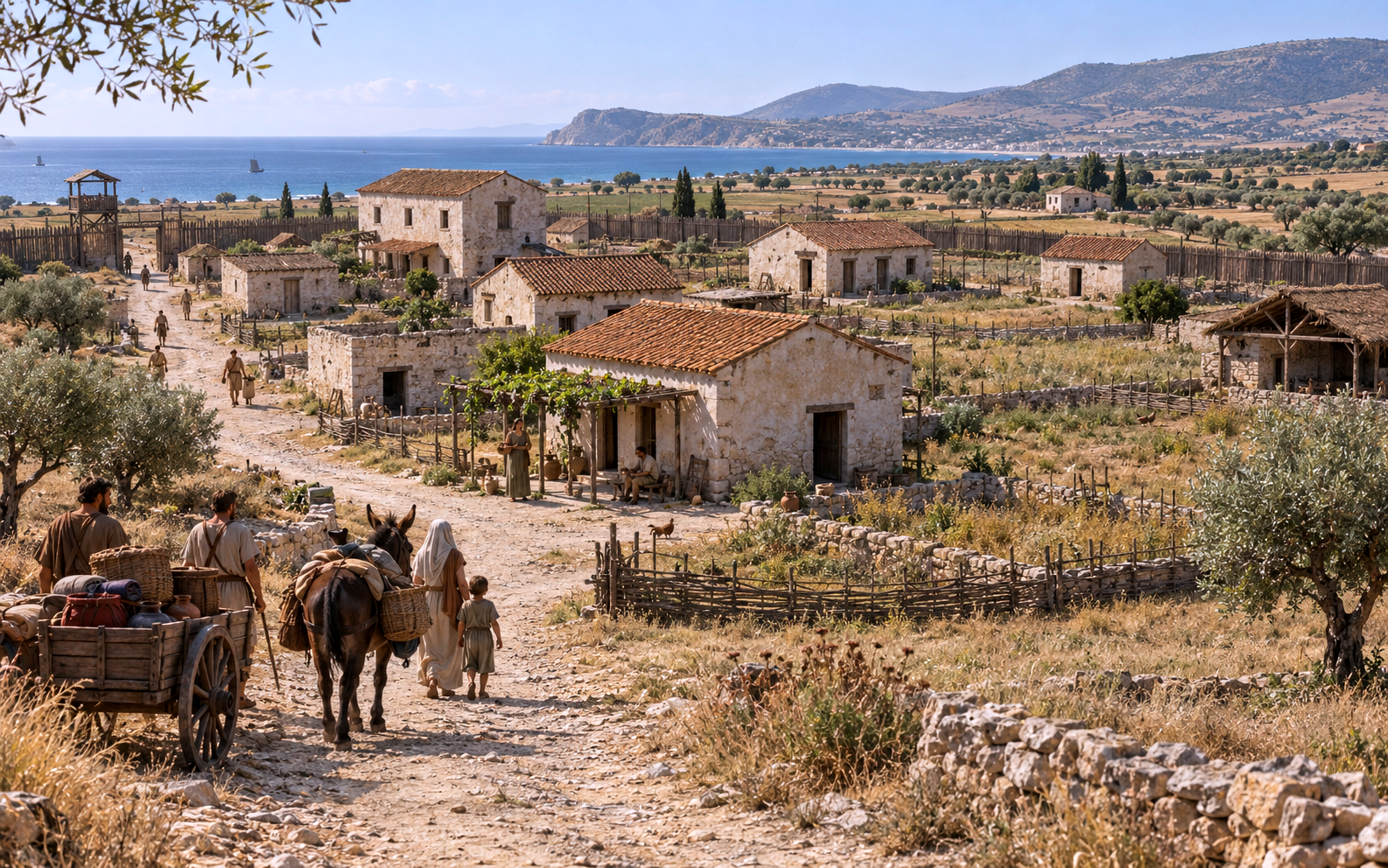 A possible representation of a struggling small Roman colony in southern Italy, with partly empty houses, abandoned plots, a few settlers remaining and new arrivals approaching.