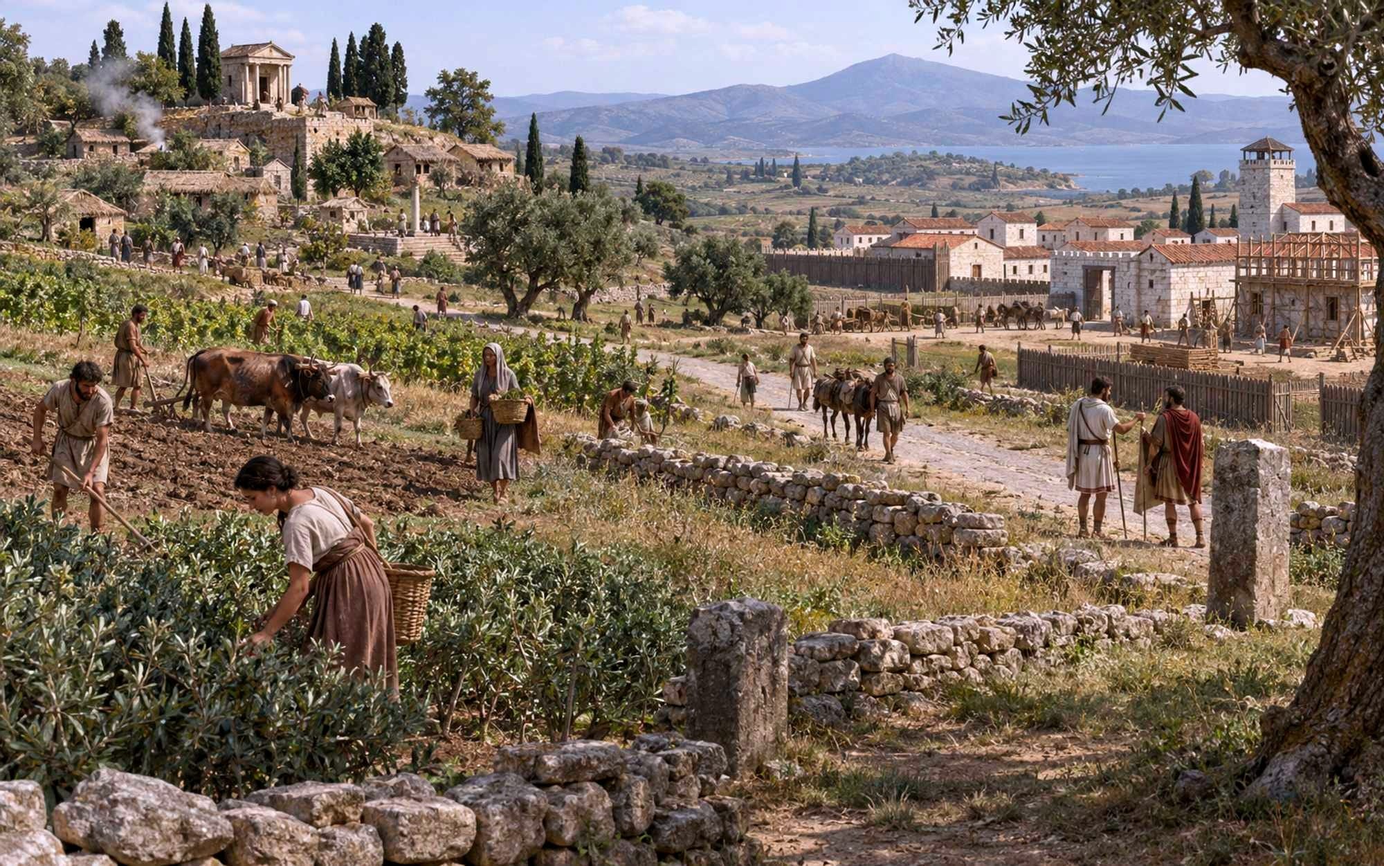 A possible representation of an existing Italian farming community continuing beside a newly established Roman/Latin settlement.