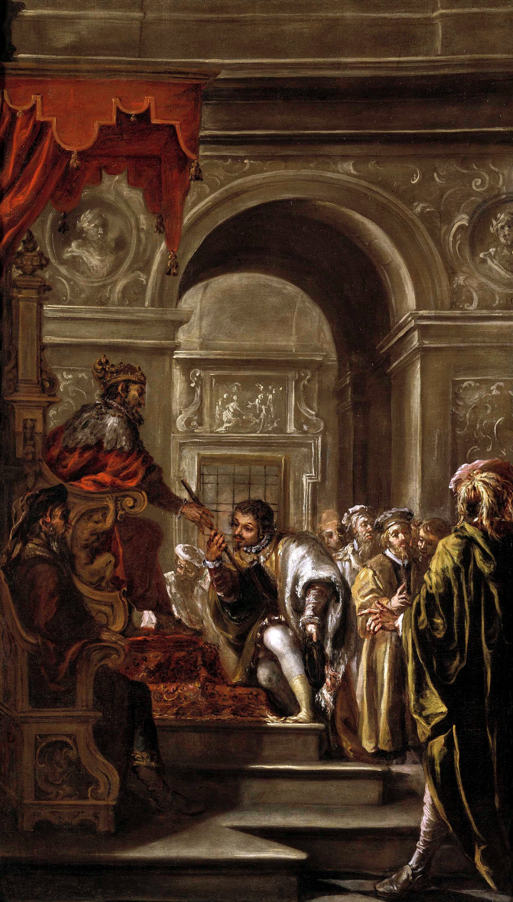 Juan de Valdés Leal : Saint Ambrose appointed Governor of Liguria and Emilia :the moment when Saint Ambrose of Milan was appointed governor of the provinces of Liguria and Emilia, based in the city of Milan , by the consul Sextus Claudius Petronius Probus.