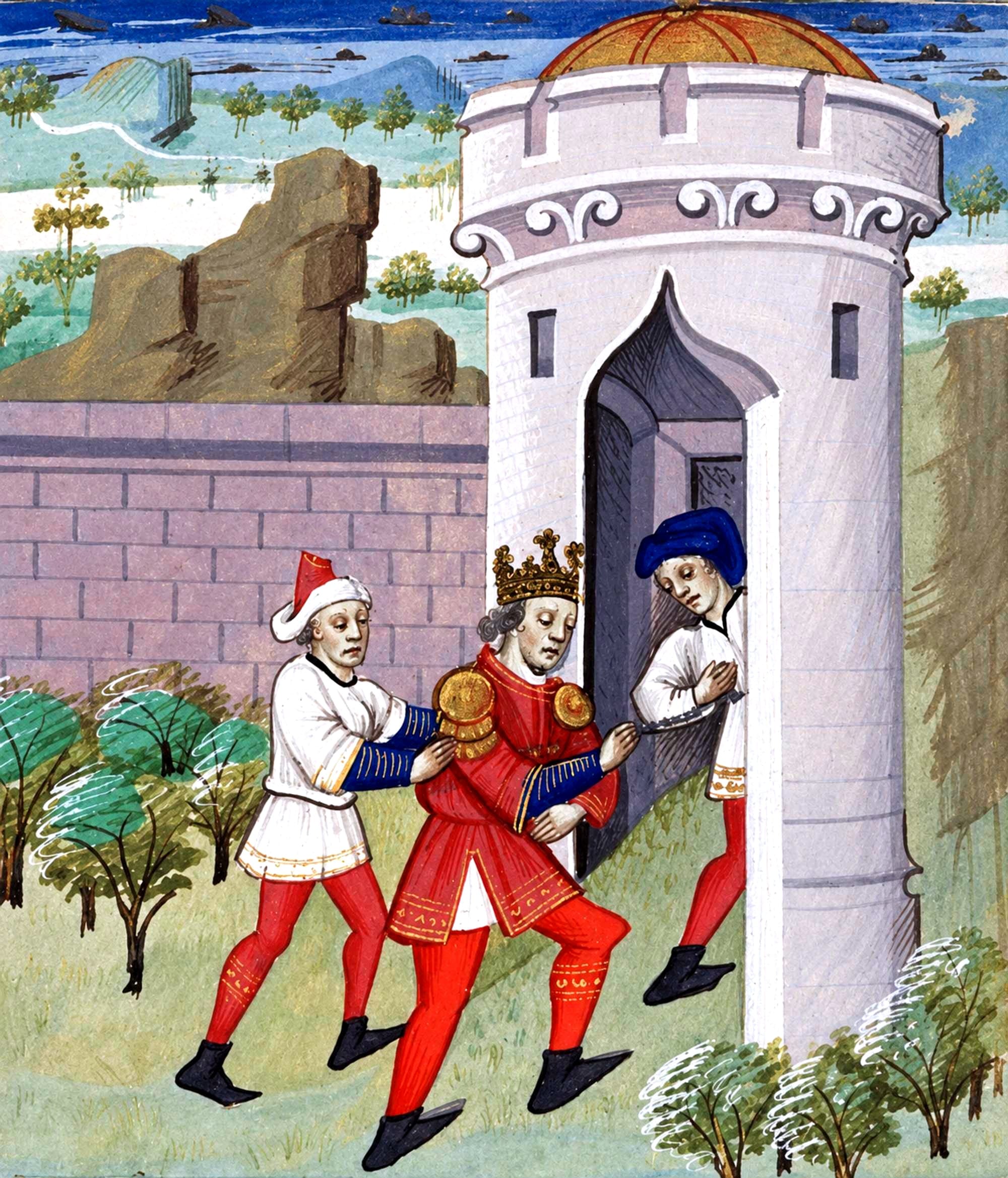 Bituitus, king of the Arverni, imprisoned. Medieval miniature from Boccaccio's De casibus. 15th century,