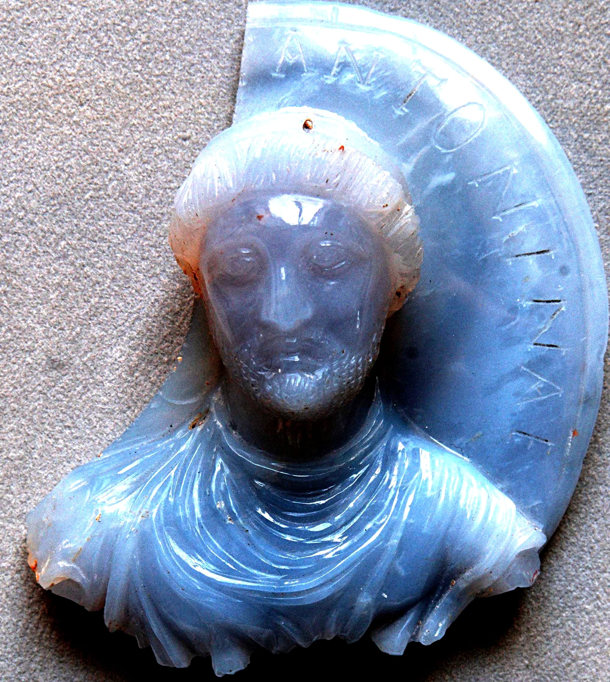 Blue calcedon cameo of a Roman Emperor, perhaps Julian the Apostate, second half of the 4th century AD. From Antioch.