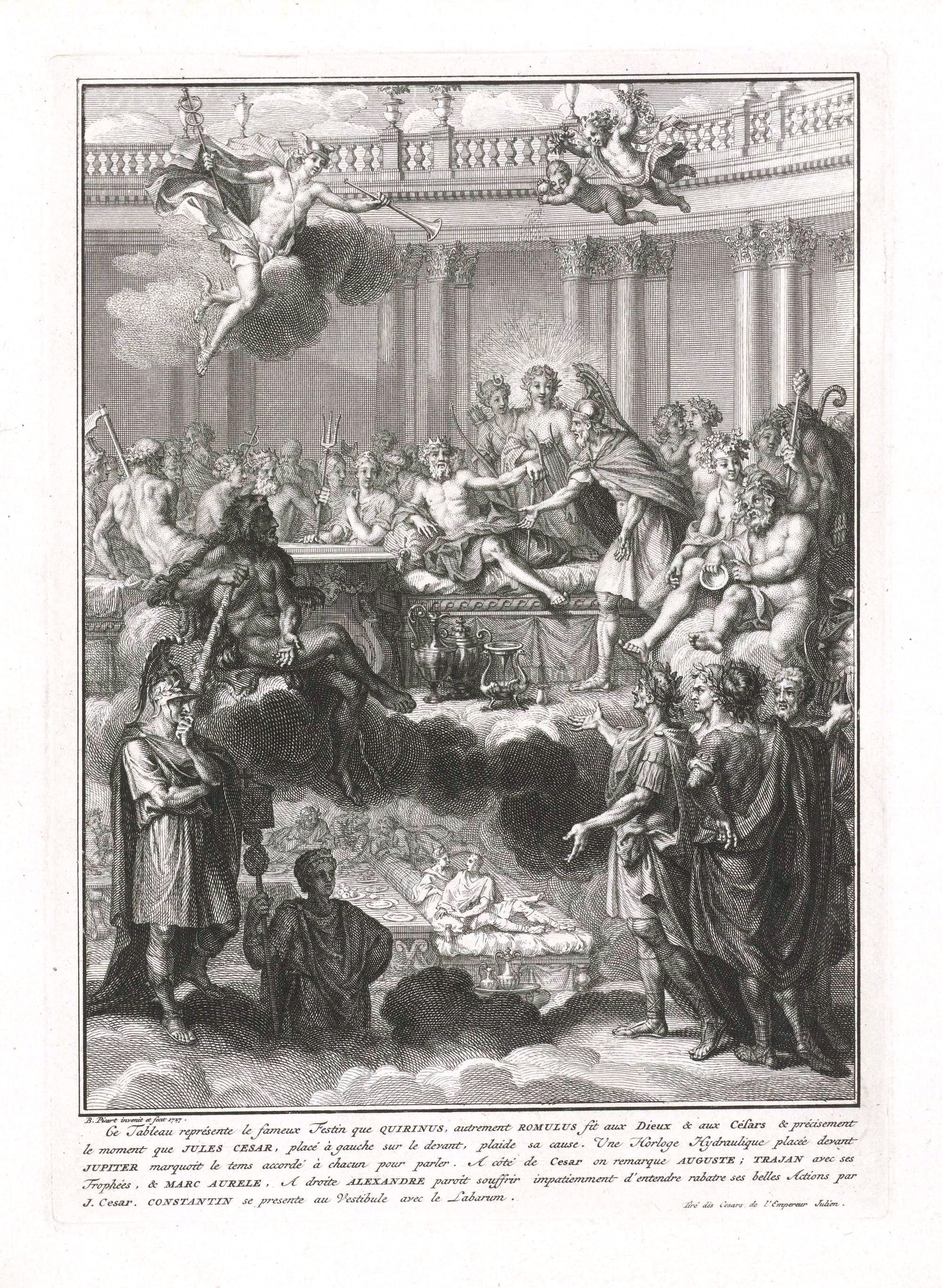 The Feast of Romulus, an engraving by Bernard Picart (1727) illustrating Julian's satirical work The Caesars.
