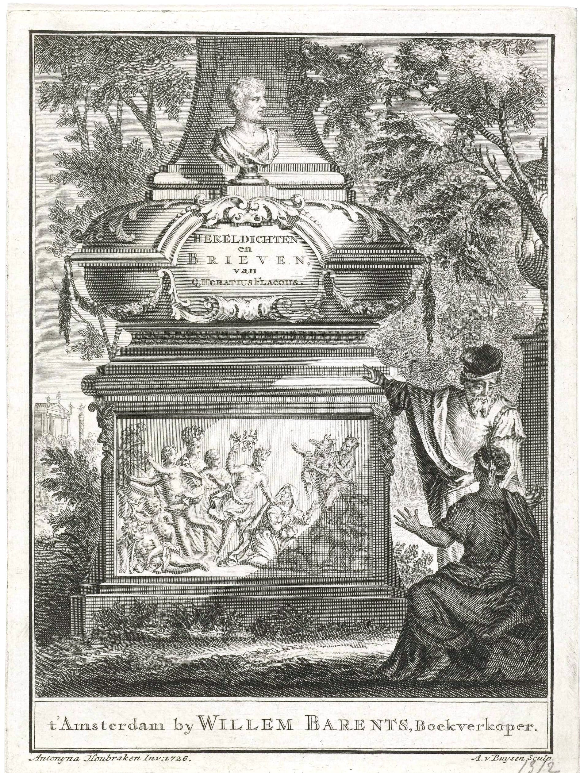 Tomb monument with image of a bacchanal. Title page for: Quintus Horatius Flaccus, Satirical Poems and Letters, Amsterdam: 1726.