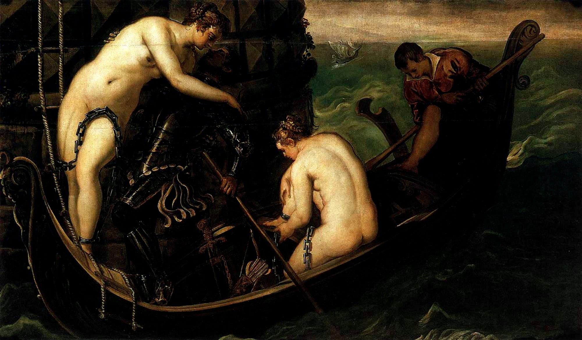 Jacopo Tintoretto - The Liberation of Arsinoe. It depicts Arsinoë escaping from captivity on the island of Pharos near Alexandria, before she became a leader of the Egyptian resistance against Caesar. Tintoretto reimagined the ancient setting with Venetian architecture and a gondola.