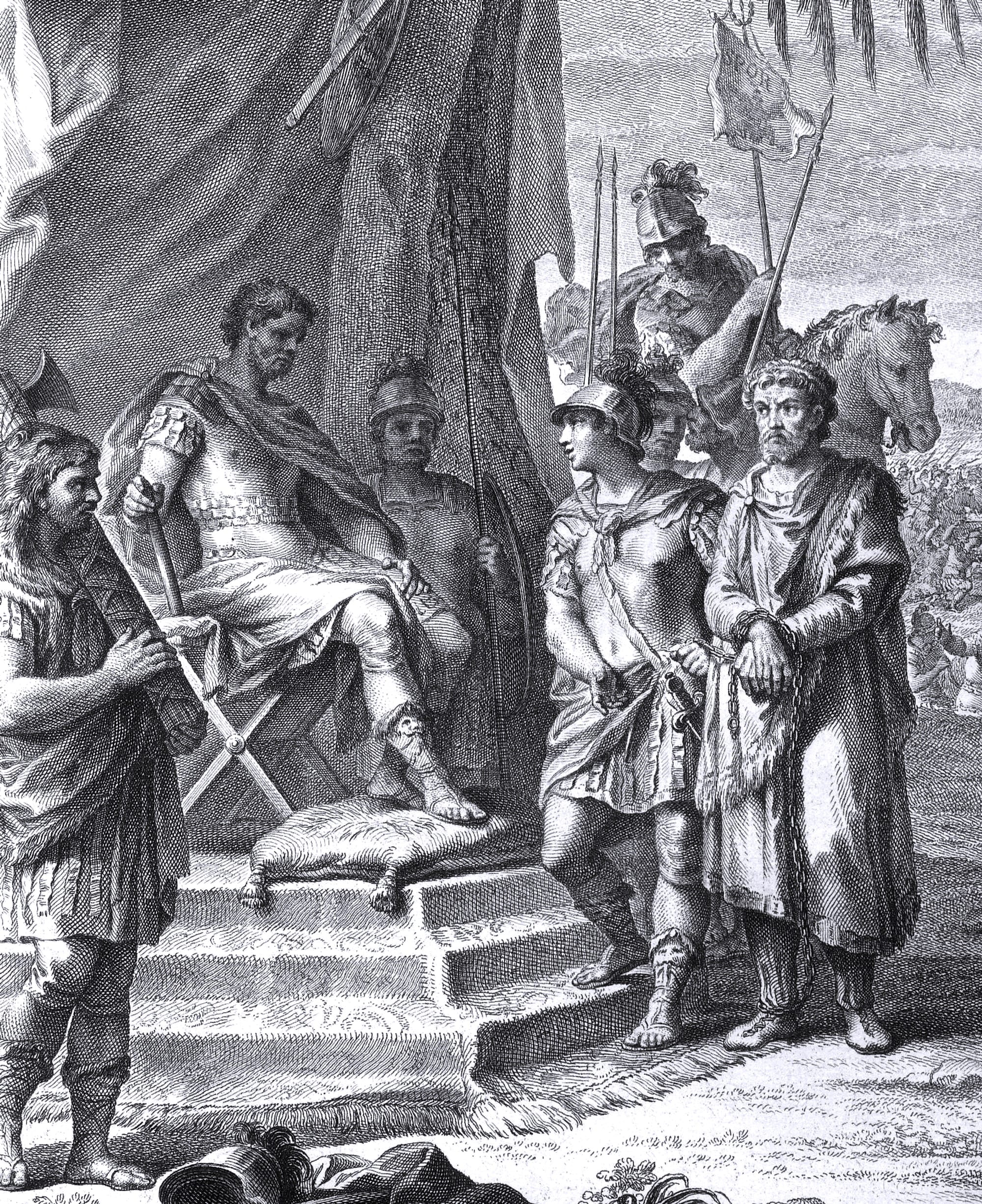 Jugurtha is handed over as a prisoner to Marius by Sulla. Engraving by Manuel Salvador Carmona