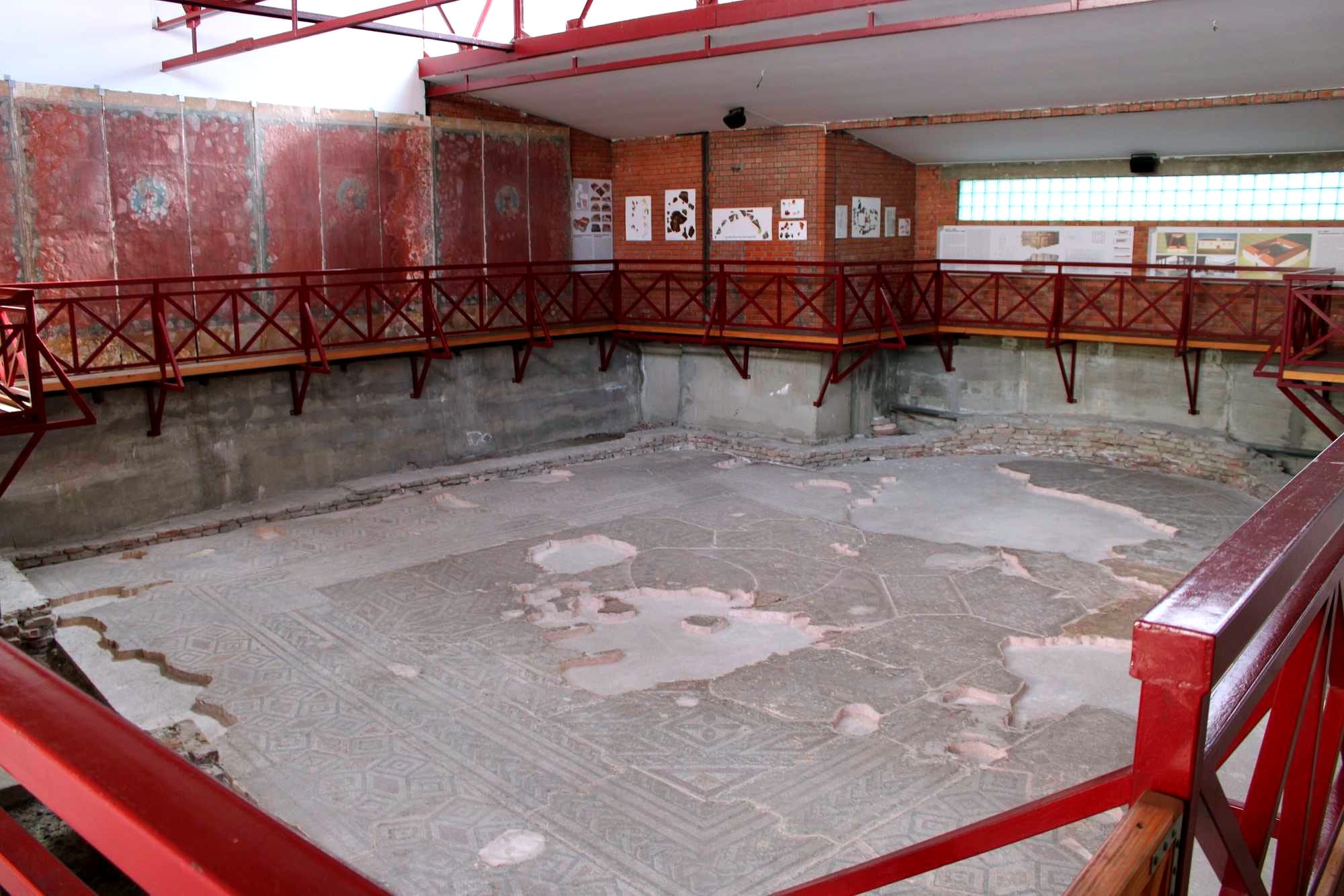 Roman mosaic floor and painted wall remains at ancient Sirmium, modern Sremska Mitrovica, Serbia.