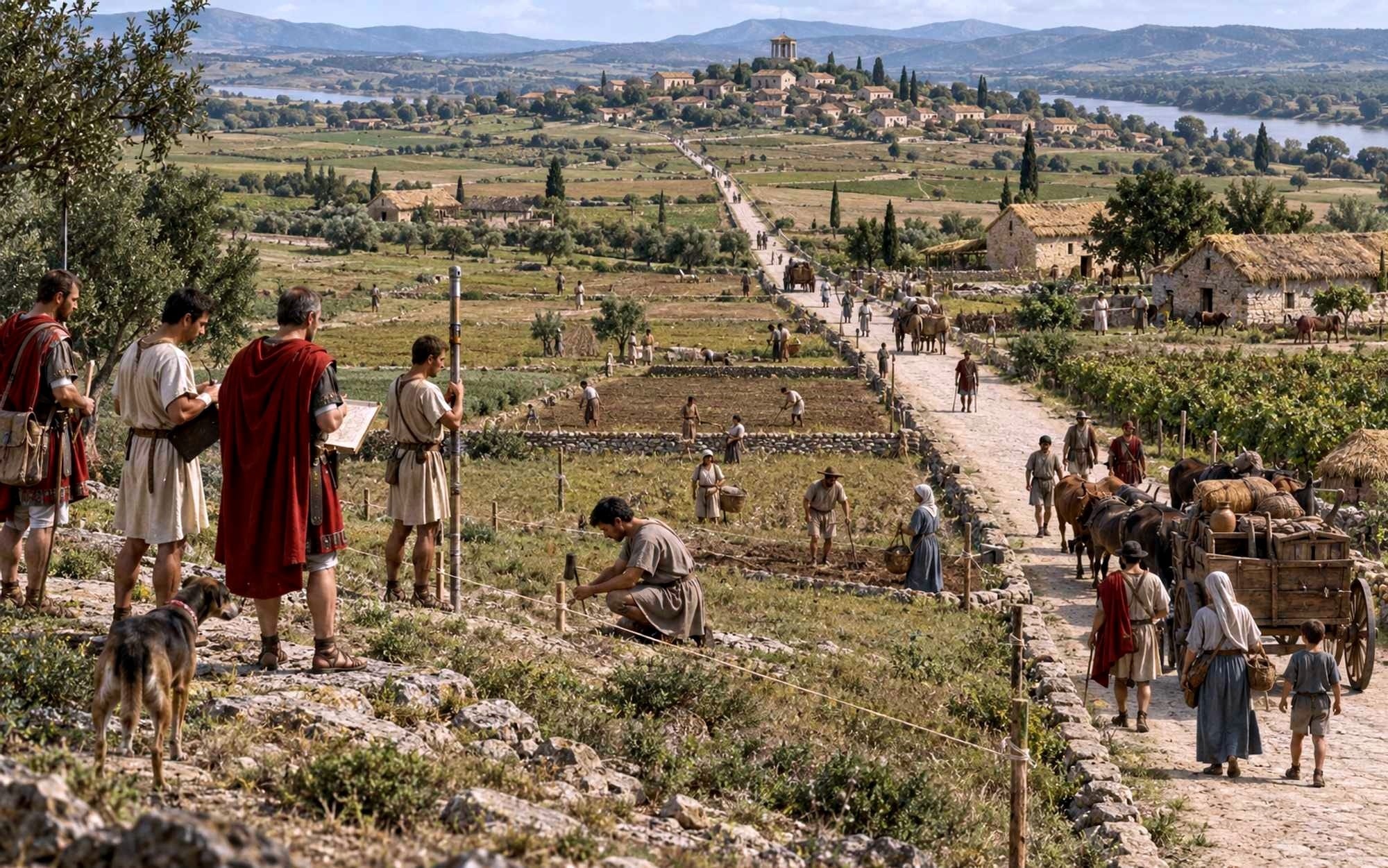 A possible representation of Roman land commissioners and surveyors dividing a fertile conquered landscape.