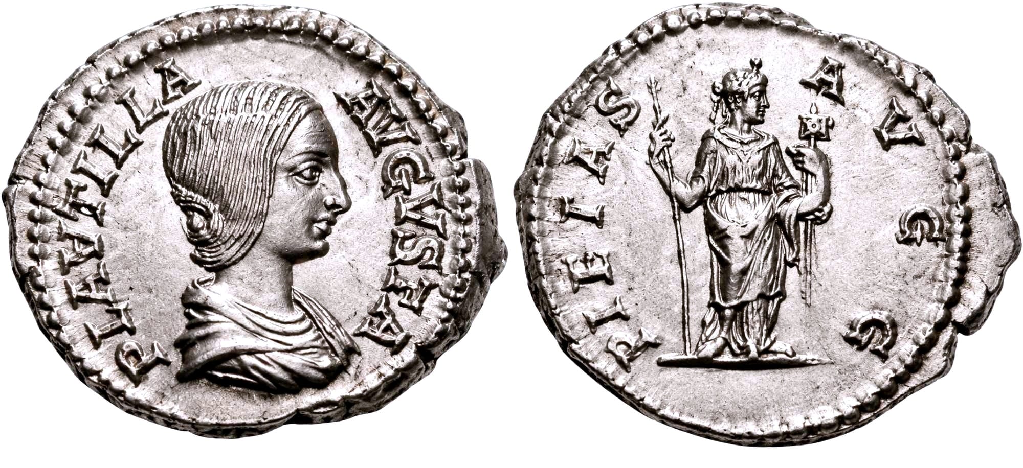 Silver denarius of Caracalla from the mint of Rome, with the image of Plautilla (obverse) and personification of Pietas holding long scepter and child 