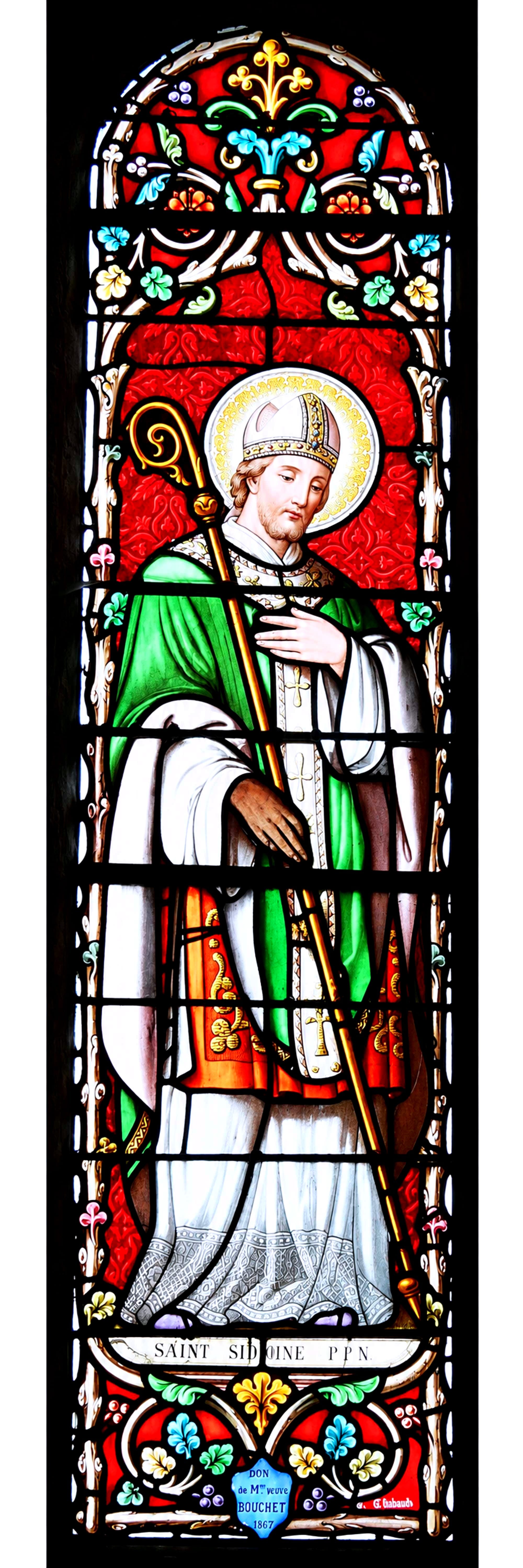 Stained glass window by Émile Thibaud depicting Saint Sidonius Apollinaris, Saint-Sidoine church in Aydat, Puy-de-Dôme, France.
