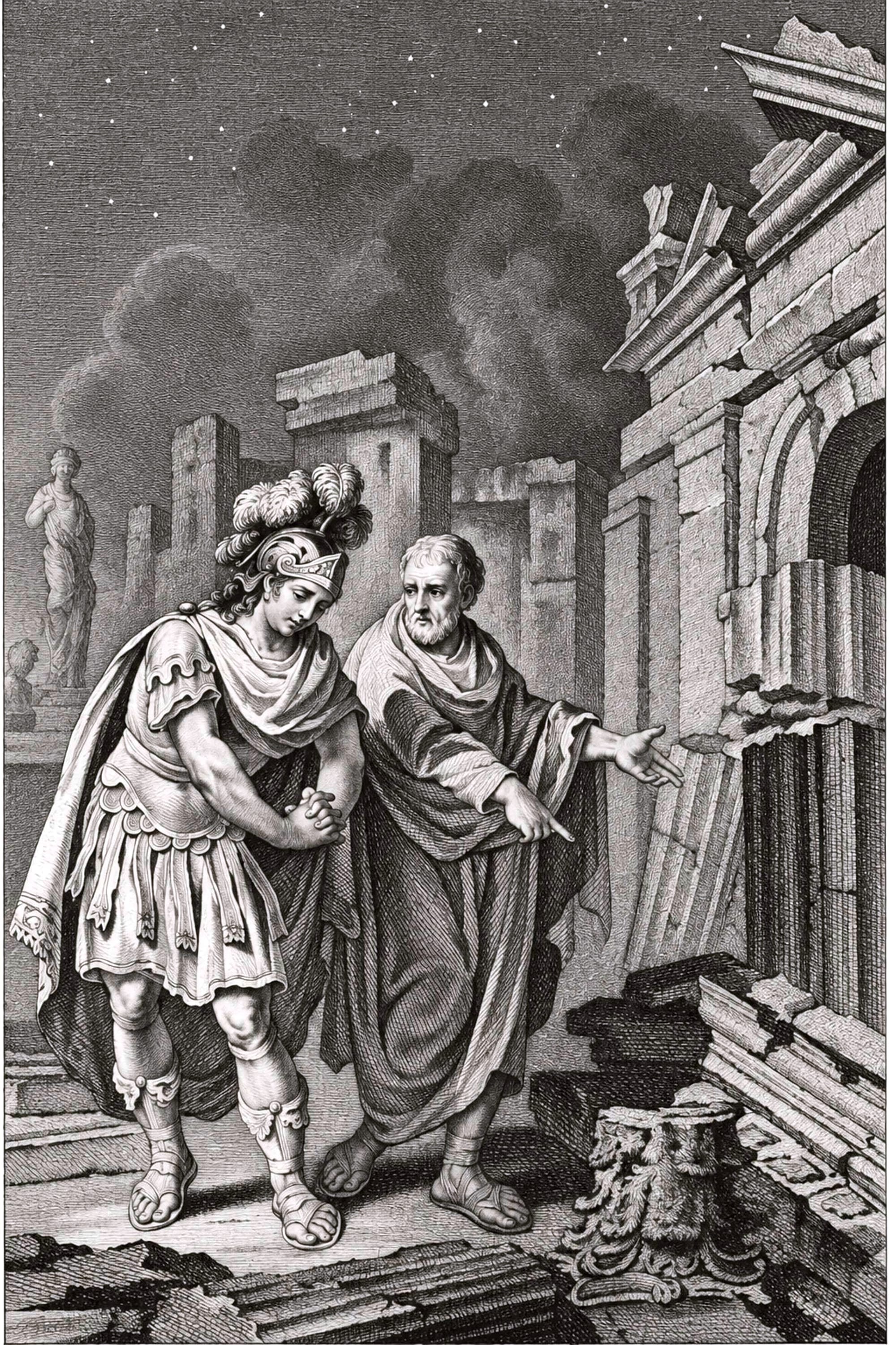 Drawing representing Scipio Aemilianus before the ruins of Carthage in 146 BC in the company of his friend Polybius (1797 engraving).