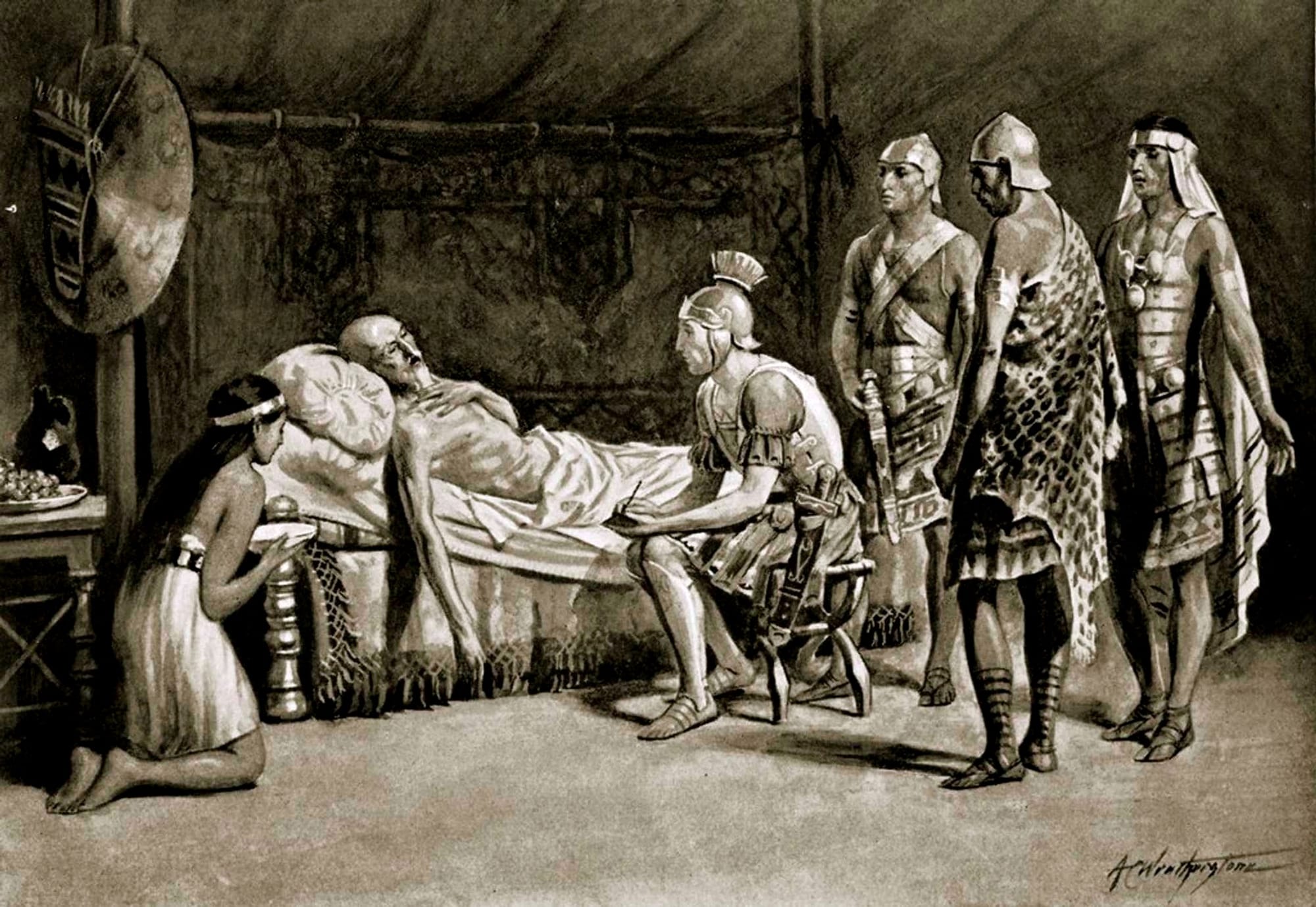 Masinissa, the king of Numidia (c.240 – 148 B.C), died in 148 B.C., still at odds with the Roman governement; He honoured Scipio Aemilianus (185 – 129 BC), who was present at his death, by asking him to divide the kingdom between Masinissa's three sons