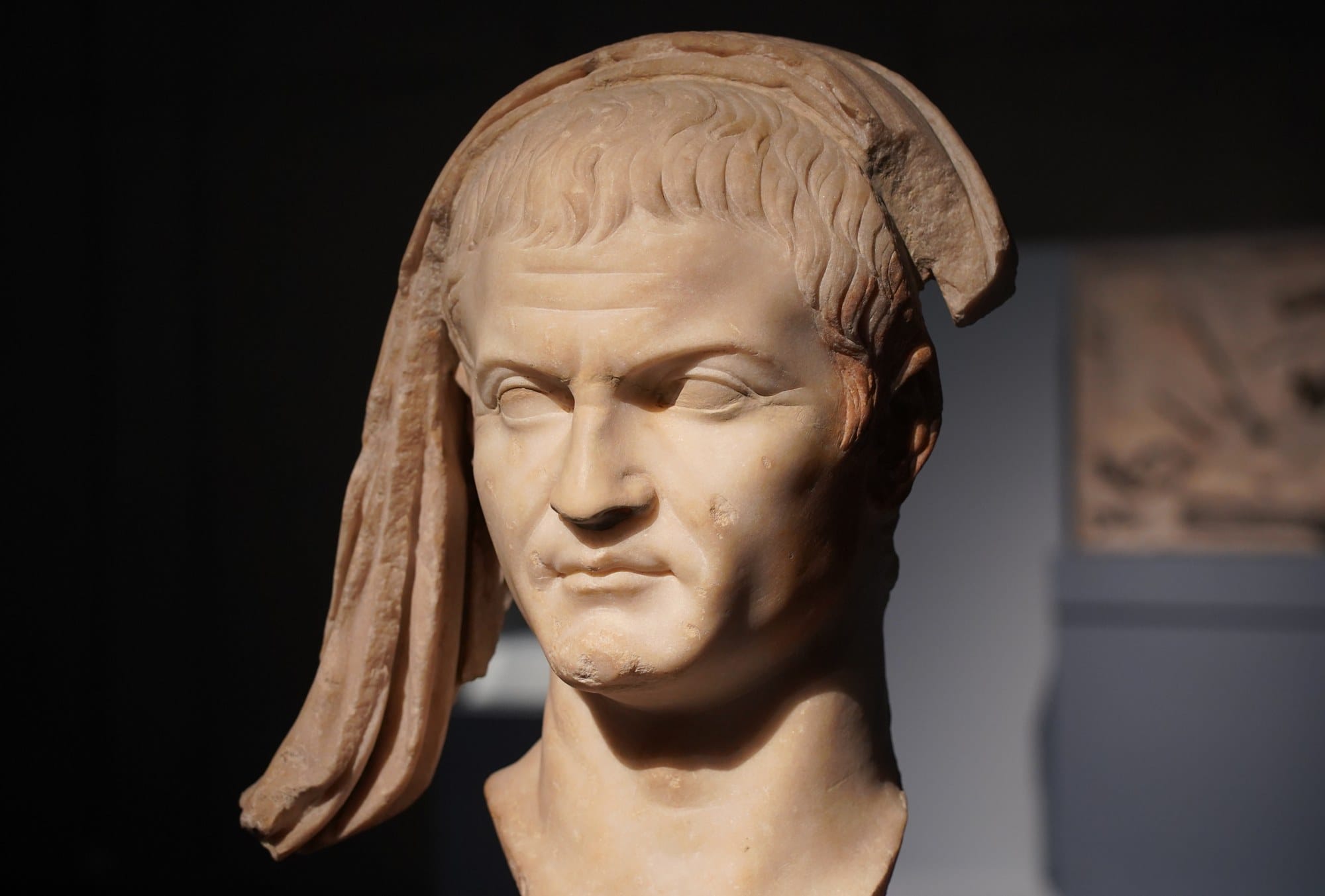Marble portrait head identified as Agrippa, with a surviving section of draped veil beside the face.