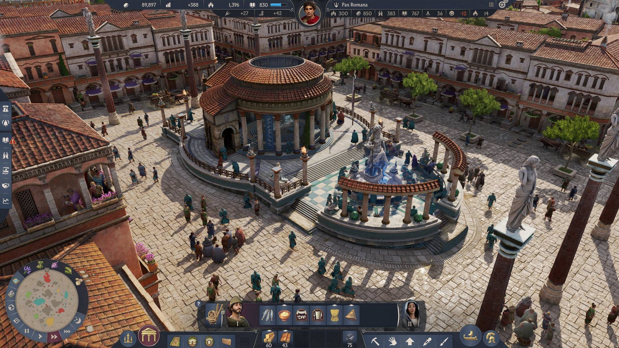 An overhead in-game view of a Roman city square, fountain, colonnades and domed building in Anno 117: Pax Romana.